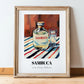 Sambuca – on Striped Tablecloth, Italian Spirit Wall Decor, in wooden frame leaning on the floor