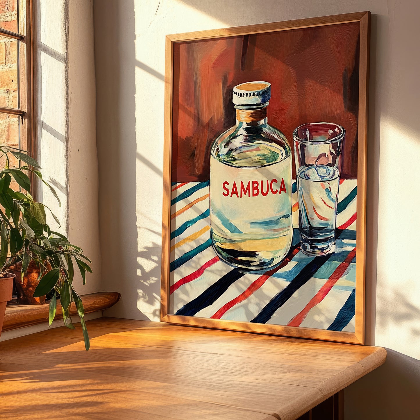 Sambuca – on Striped Tablecloth, Italian Spirit Wall Decor, clean layout with no caption