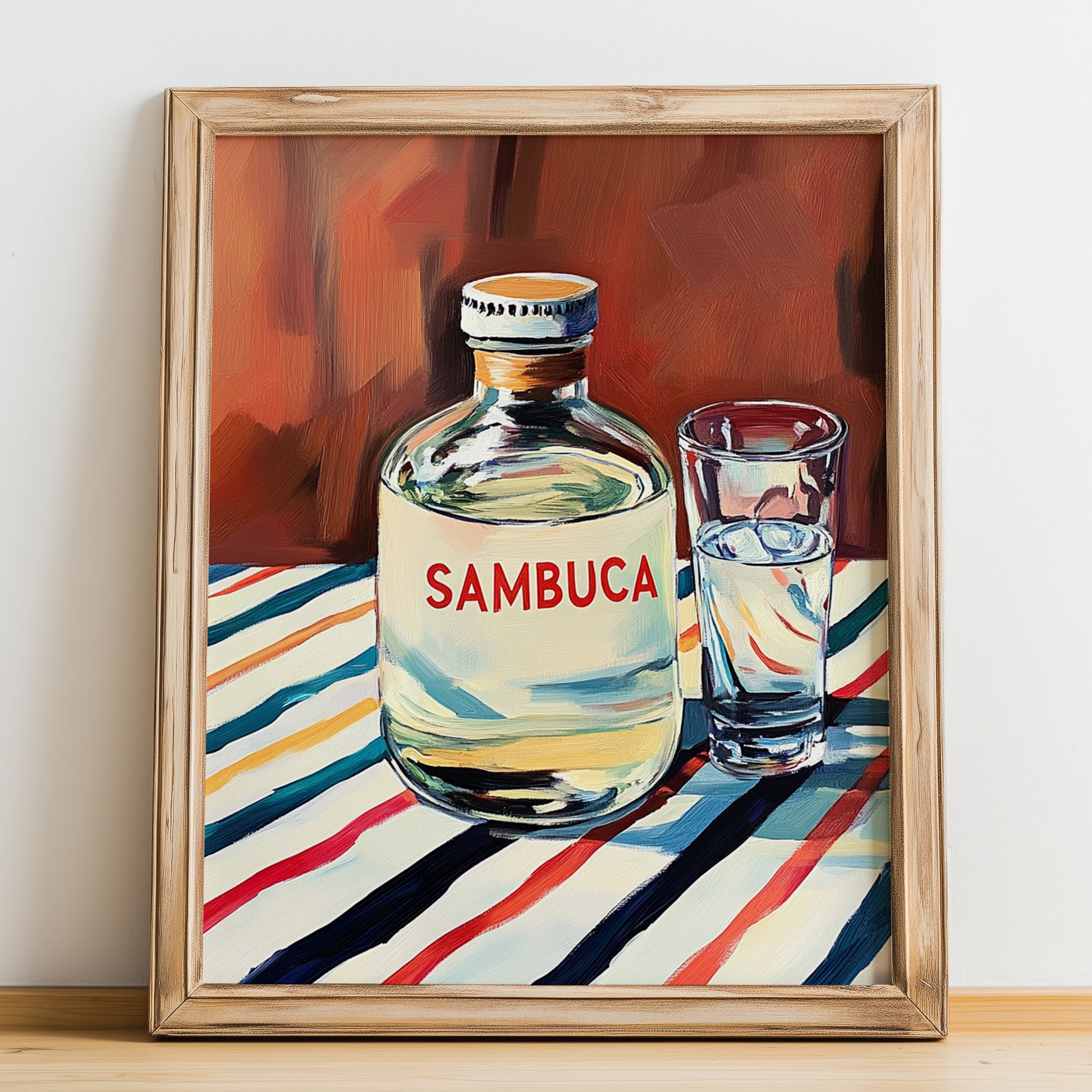 Sambuca – on Striped Tablecloth, Italian Spirit Wall Decor, no-text version framed in wood