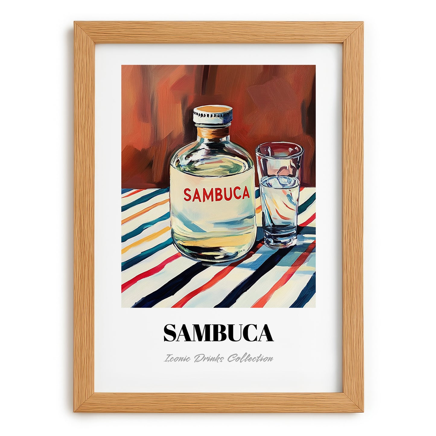 Sambuca – on Striped Tablecloth, Italian Spirit Wall Decor, set in oak frame