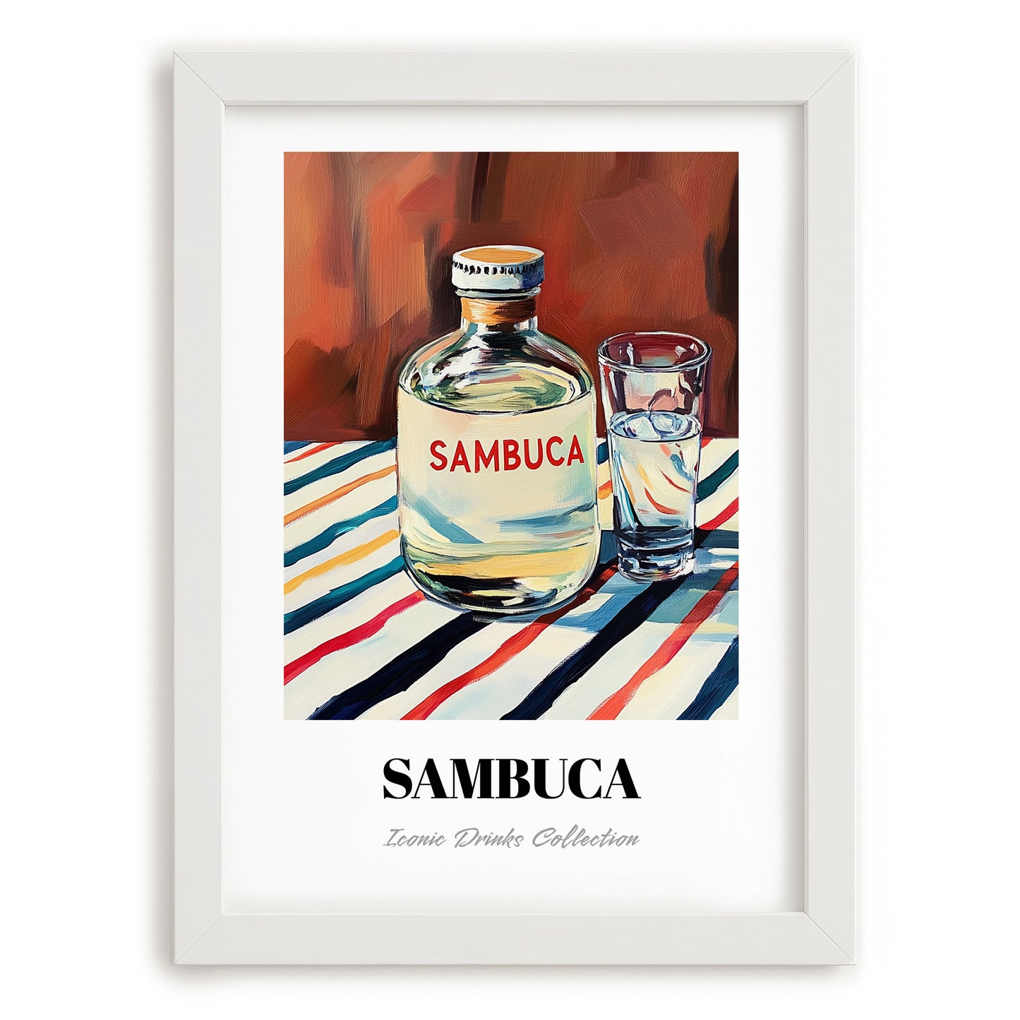 Sambuca – on Striped Tablecloth, Italian Spirit Wall Decor, placed in minimal white frame