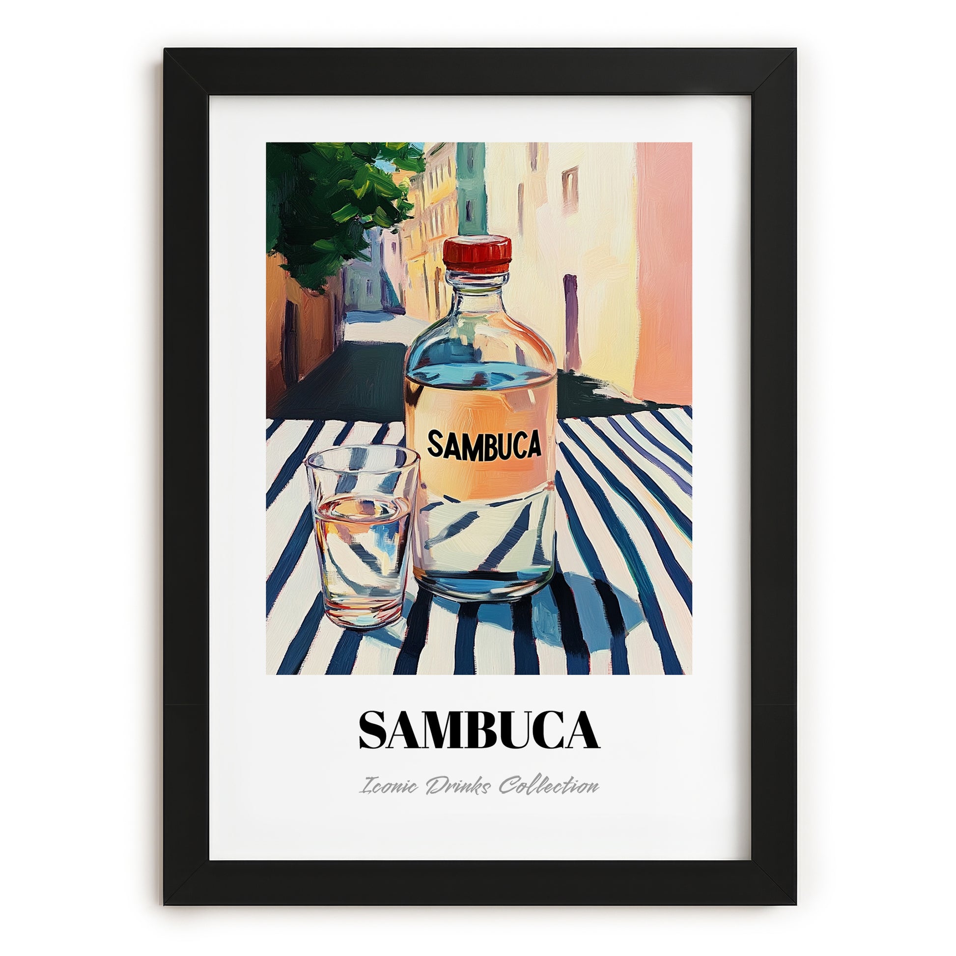 Sambuca – Italian Café on the Corner, Italian Spirit Poster, in sleek black frame