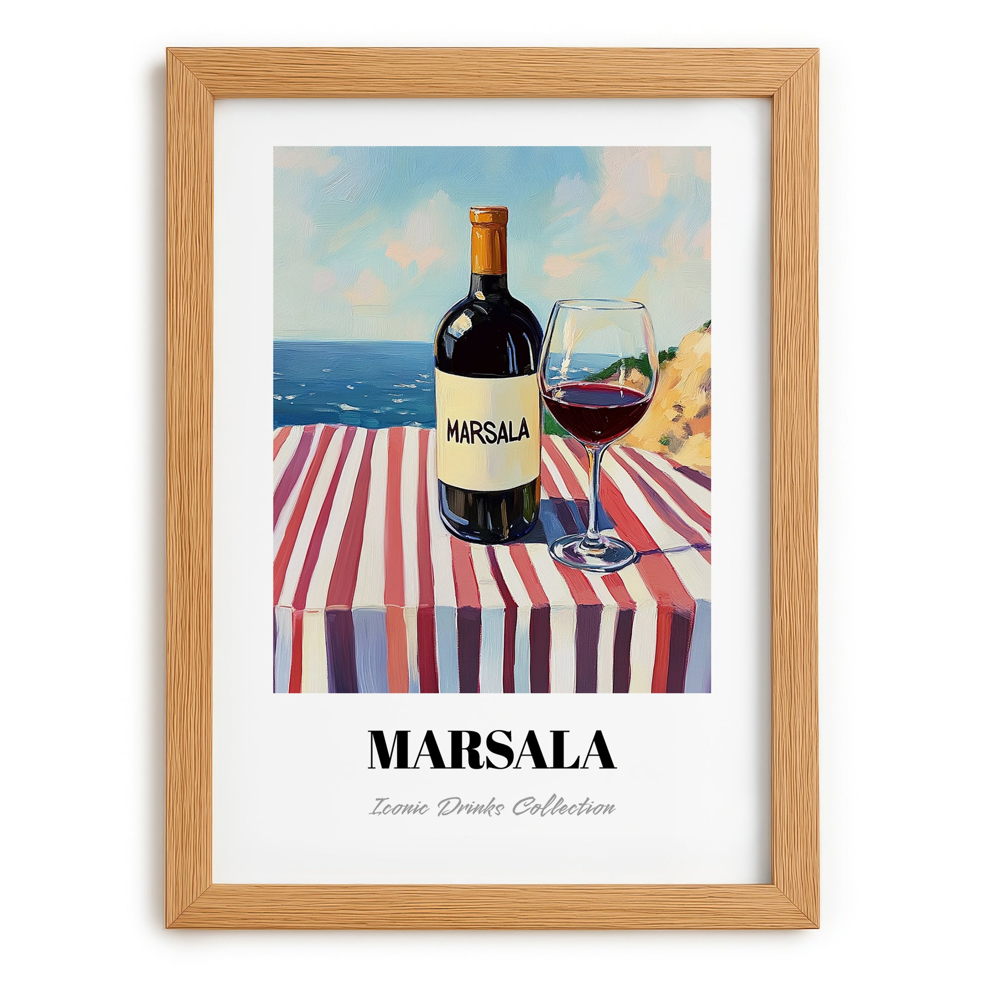 Marsala – Italian Seaside Scene, Italian Wine Poster, set in oak frame