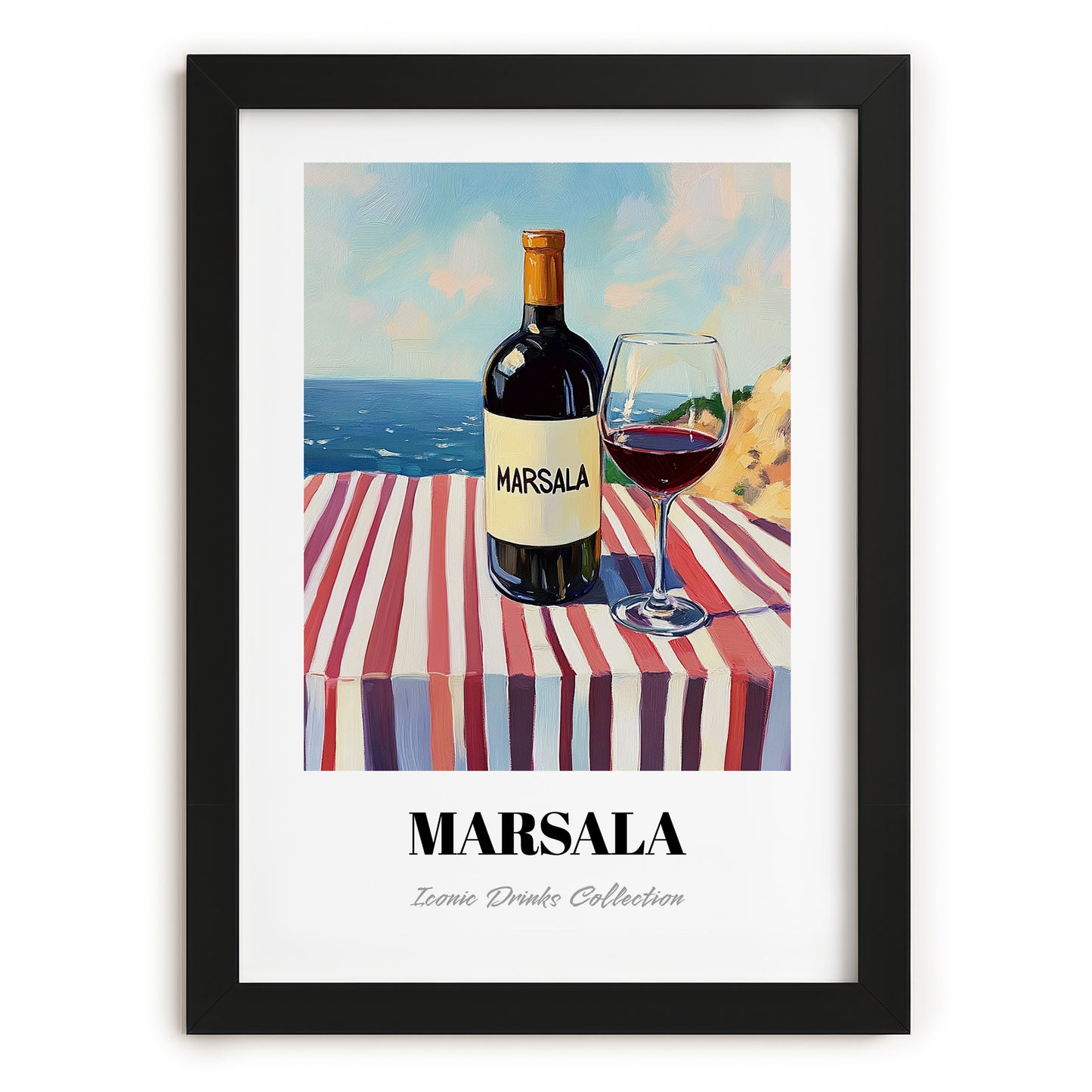 Marsala – Italian Seaside Scene, Italian Wine Poster, in sleek black frame