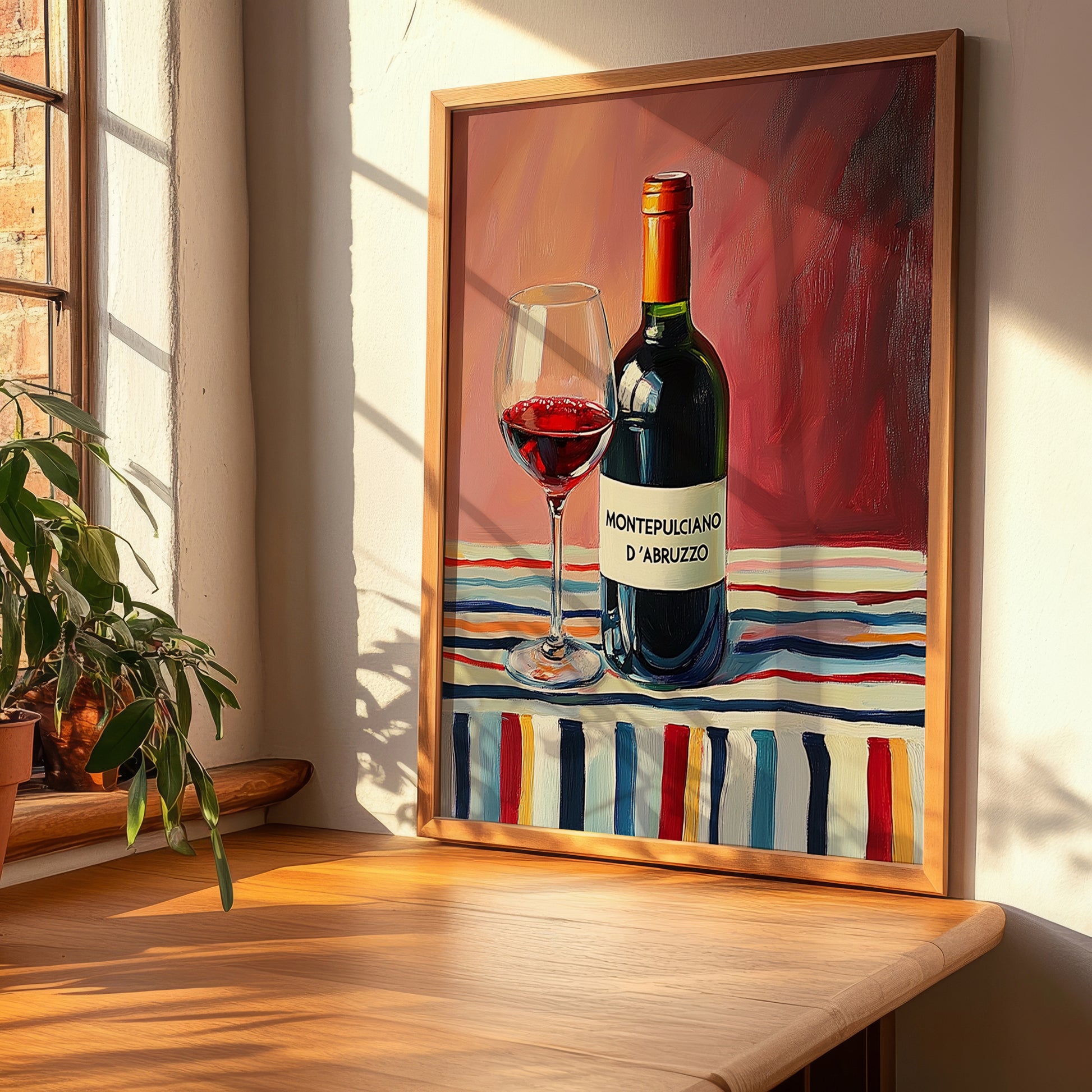 Montepulciano d'Abruzzo – on Striped Tablecloth, Italian Wine Painting, clean layout with no caption