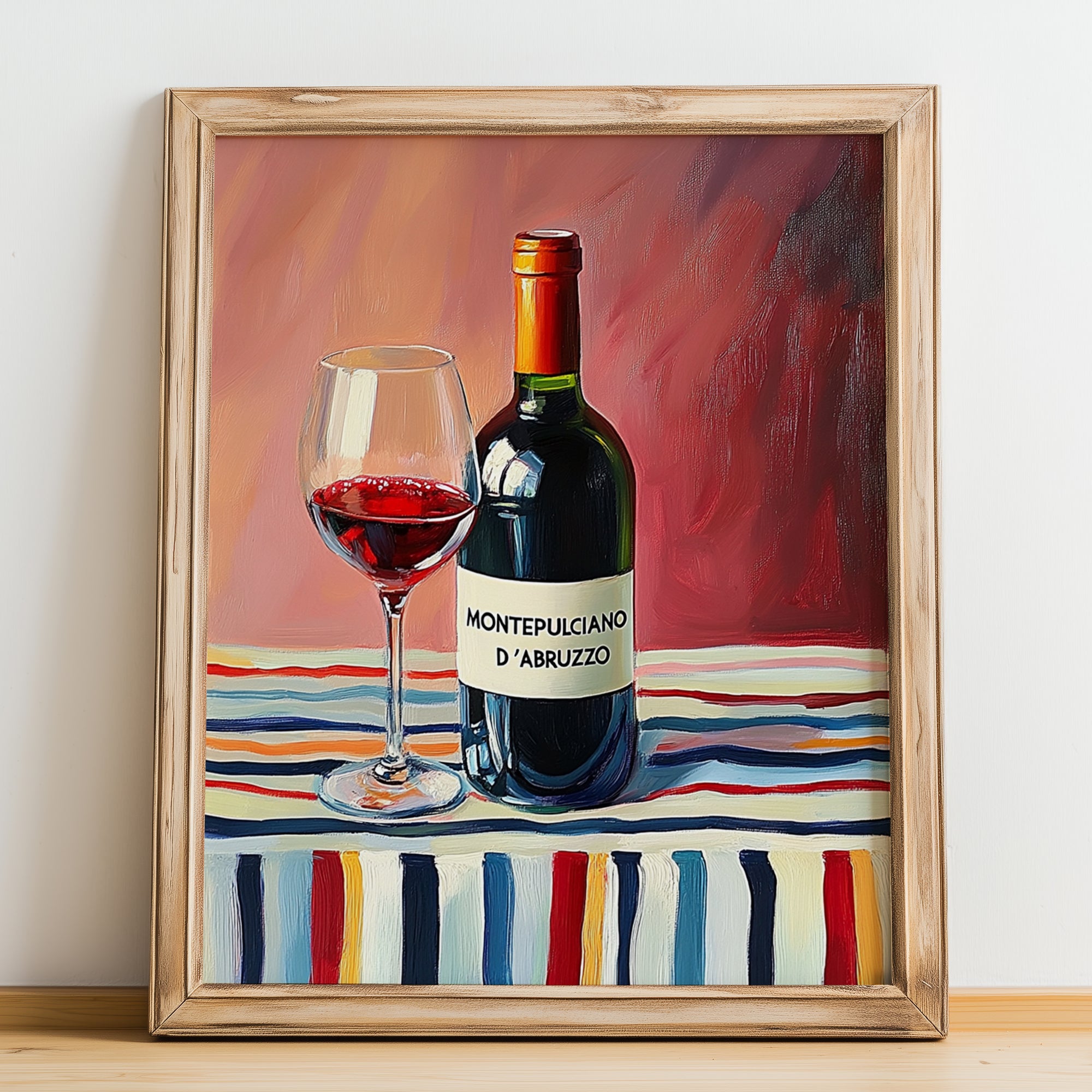 Montepulciano d'Abruzzo – on Striped Tablecloth, Italian Wine Painting, no-text version framed in wood