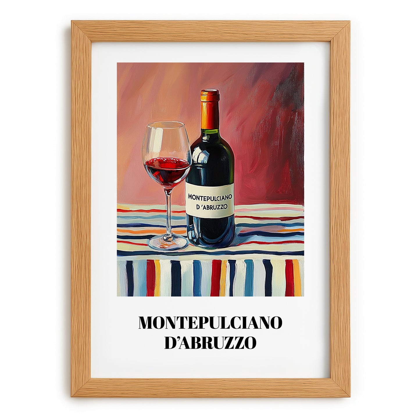 Montepulciano d'Abruzzo – on Striped Tablecloth, Italian Wine Painting, set in oak frame