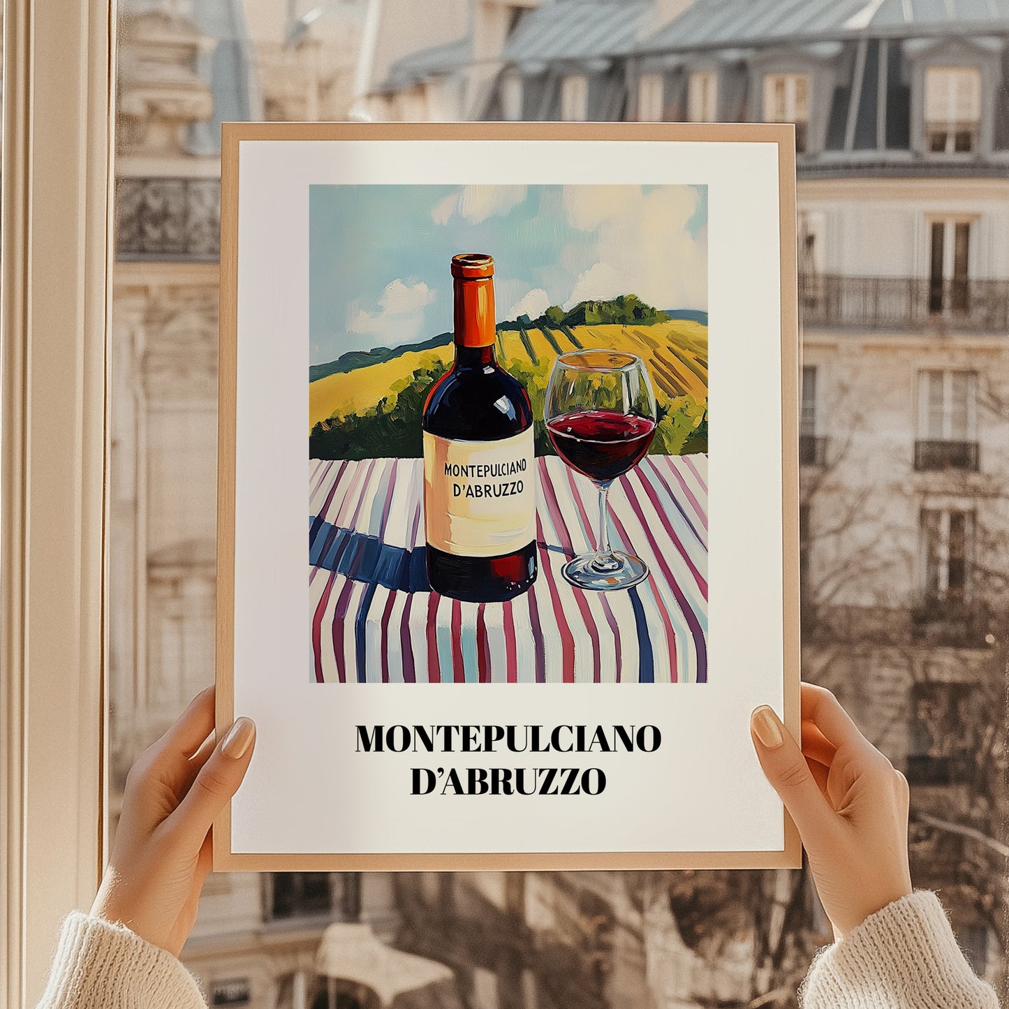 Montepulciano d'Abruzzo – Italian Hillside Café View, Italian Wine Wall Illustration, styled in a charming Paris street view