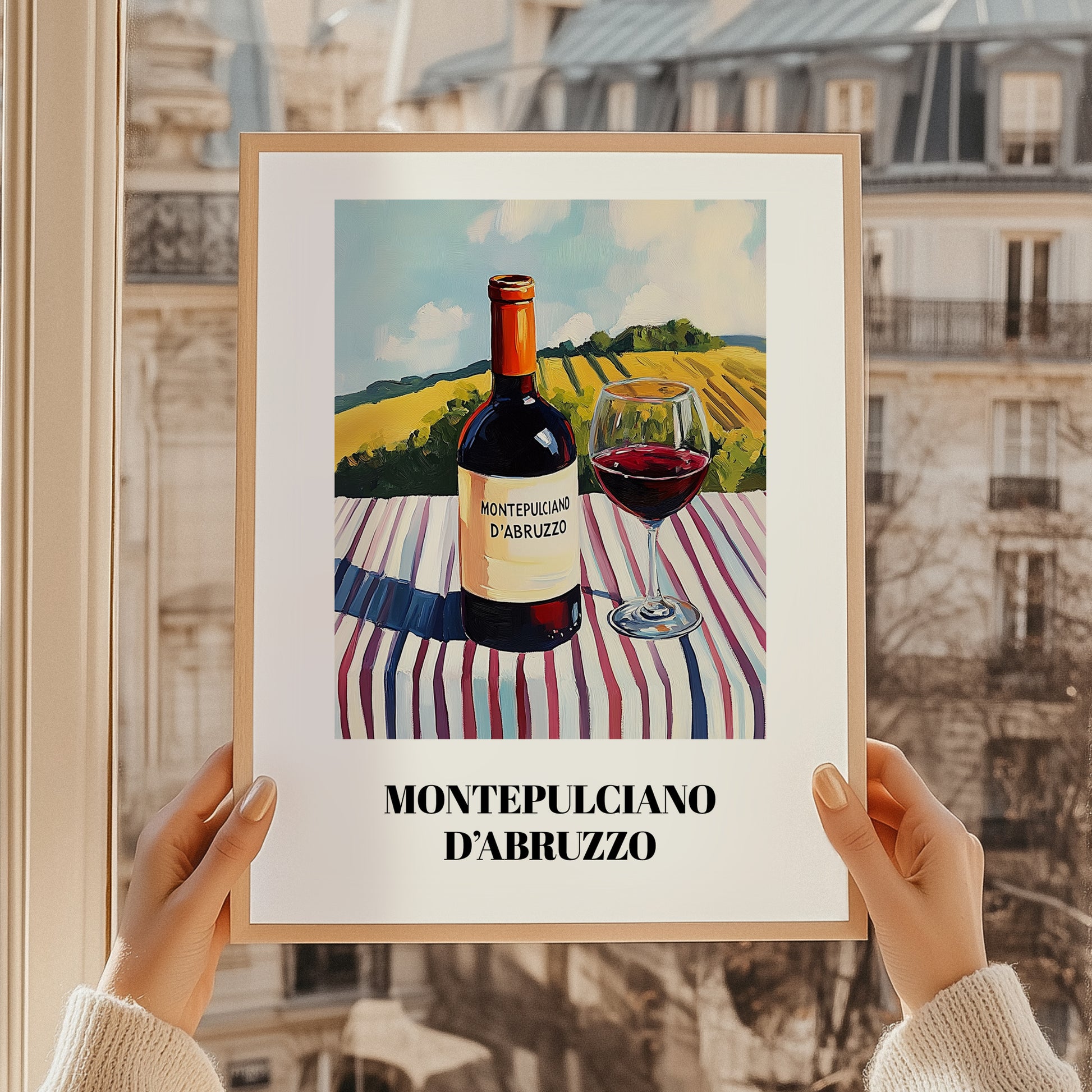 Montepulciano d'Abruzzo – Italian Hillside Café View, Italian Wine Wall Illustration, styled in a charming Paris street view