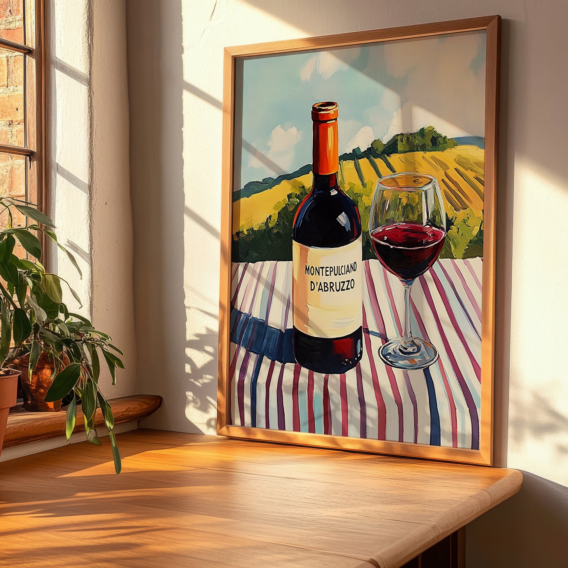 Montepulciano d'Abruzzo – Italian Hillside Café View, Italian Wine Wall Illustration, clean layout with no caption