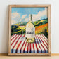 Soave – Italian Hilltop Café Scene, Italian Wine Illustration, no-text version framed in wood