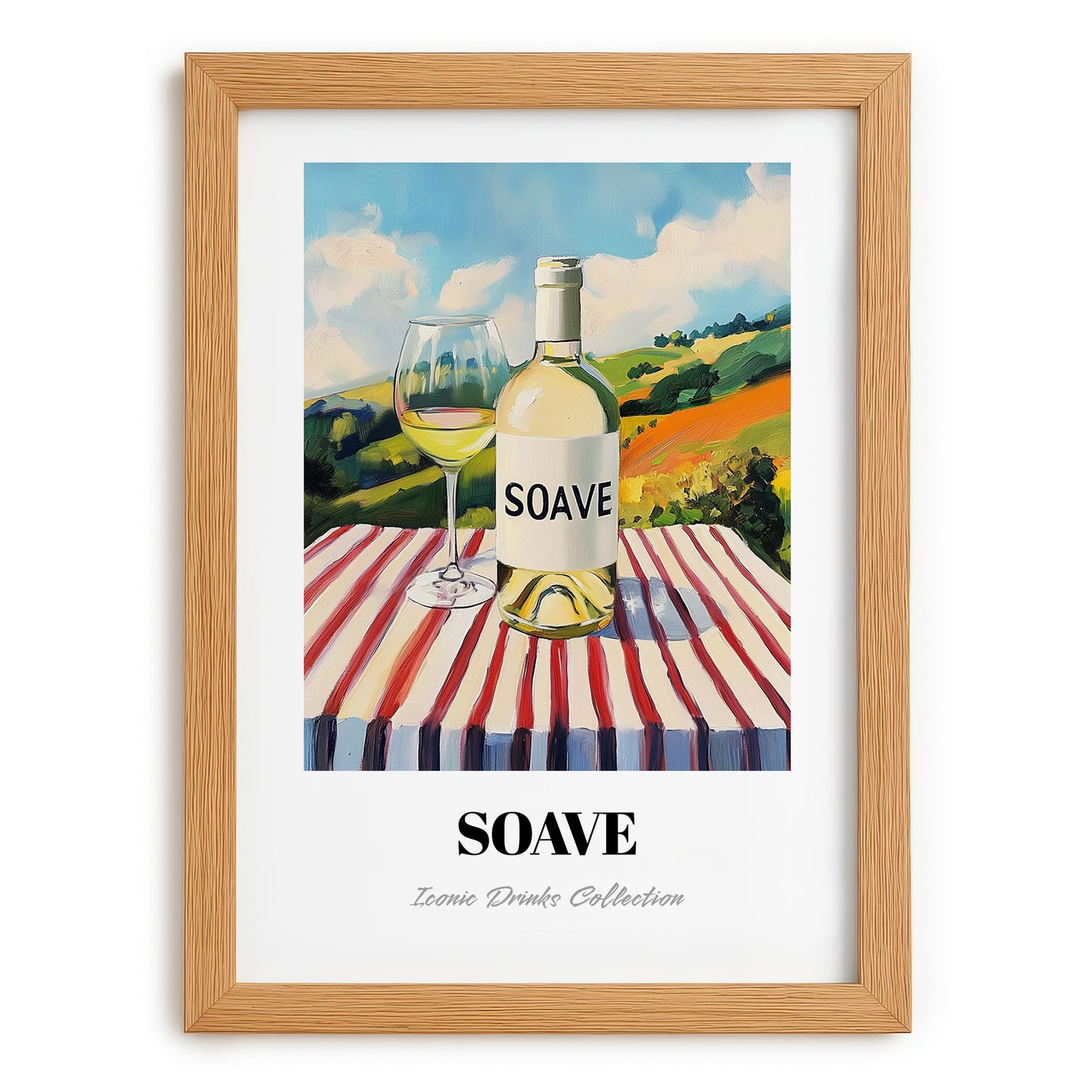 Soave – Italian Hilltop Café Scene, Italian Wine Illustration, set in oak frame
