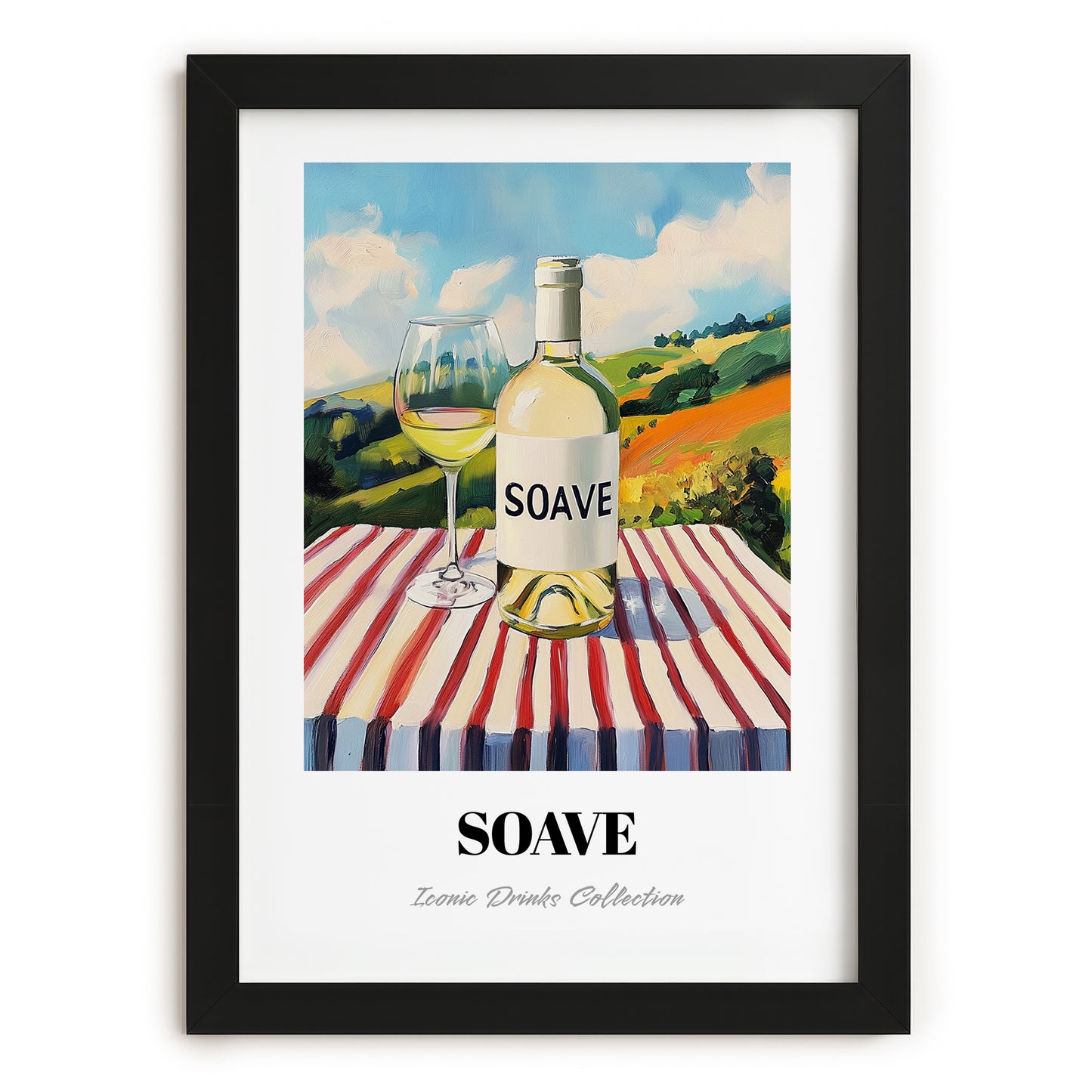 Soave – Italian Hilltop Café Scene, Italian Wine Illustration, in sleek black frame
