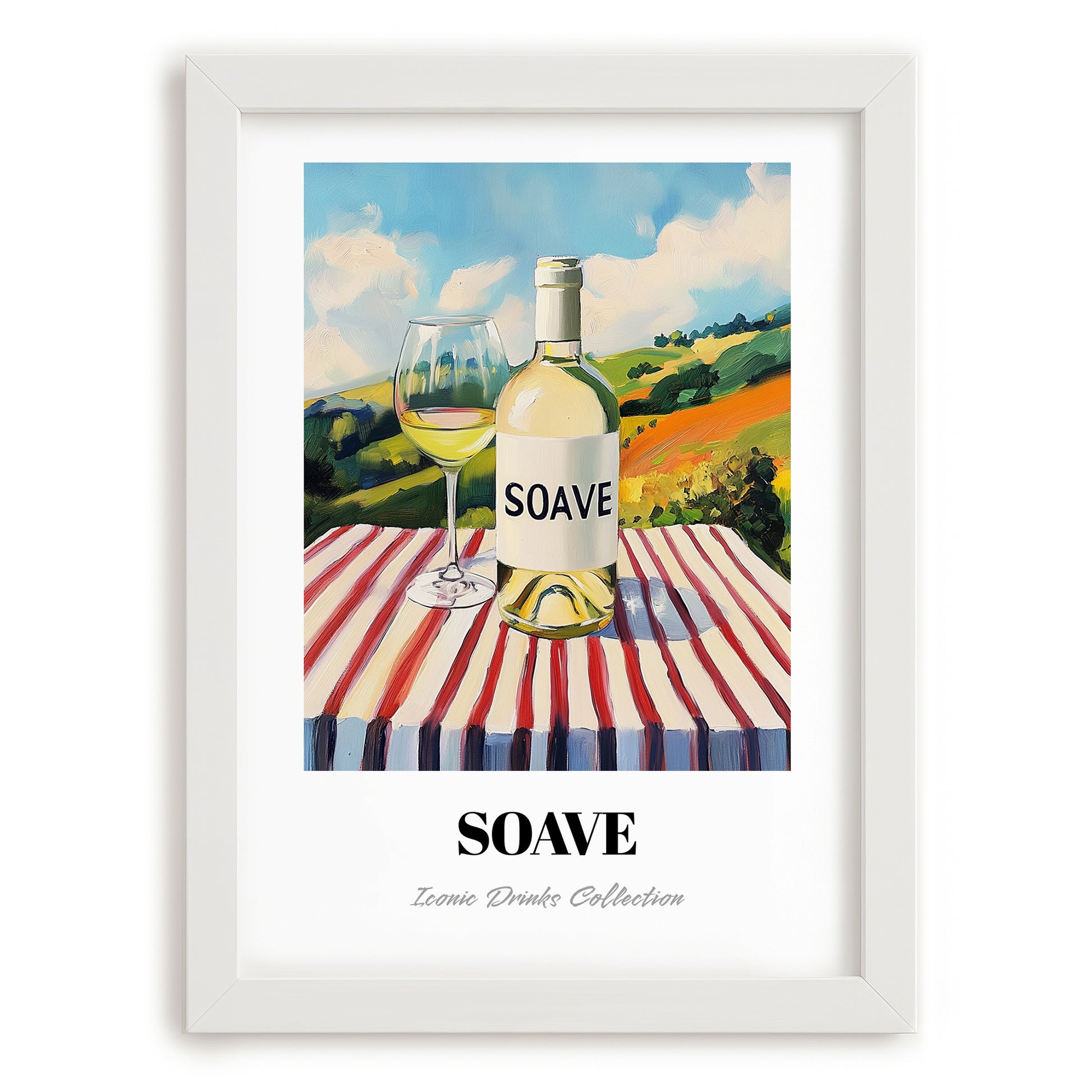 Soave – Italian Hilltop Café Scene, Italian Wine Illustration, placed in minimal white frame