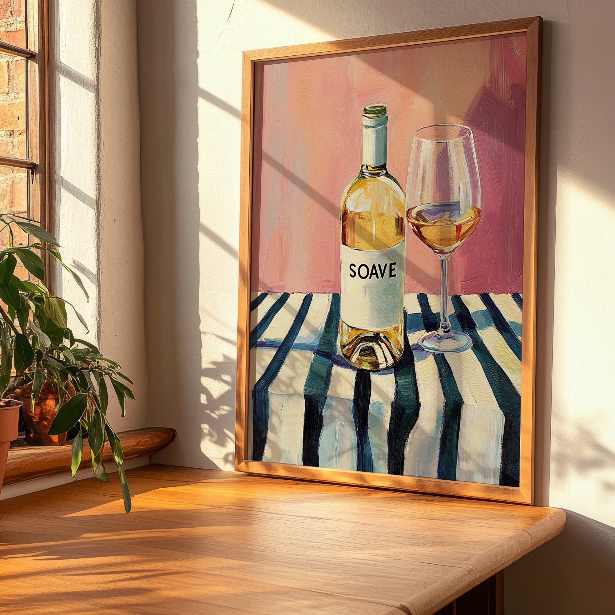 Soave – on Striped Tablecloth, Italian Wine Still Life, clean layout with no caption