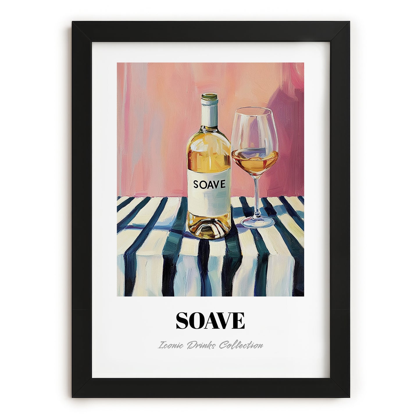 Soave – on Striped Tablecloth, Italian Wine Still Life, in sleek black frame