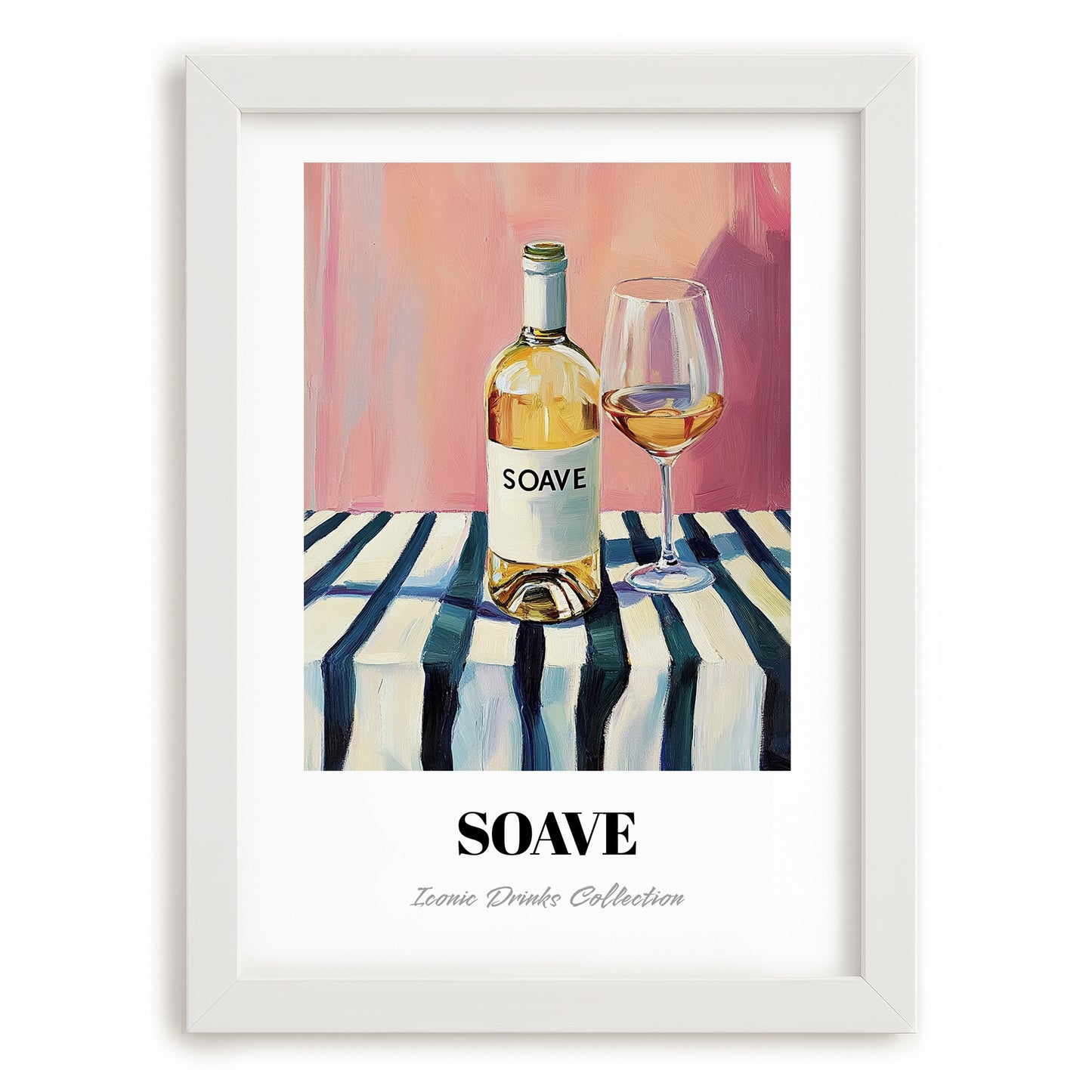 Soave – on Striped Tablecloth, Italian Wine Still Life, placed in minimal white frame