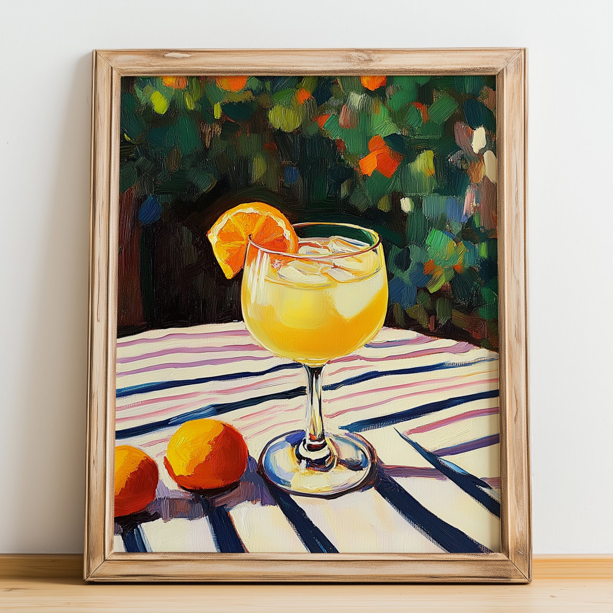 Agua De Valencia – Spanish Garden Café Scene, Spanish Cocktail Still Life, no-text version framed in wood