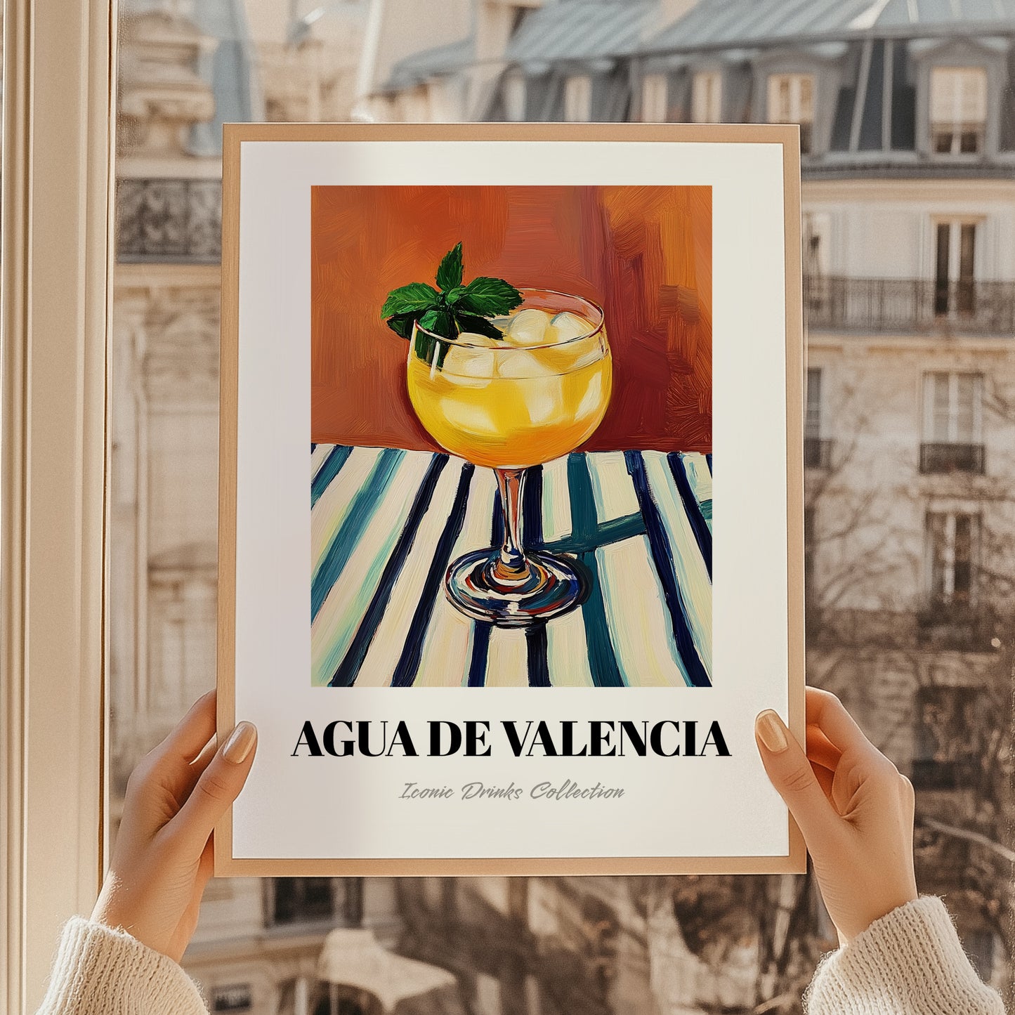 Agua De Valencia – on Striped Tablecloth, Spanish Cocktail Wall Art, styled in a charming Paris street view