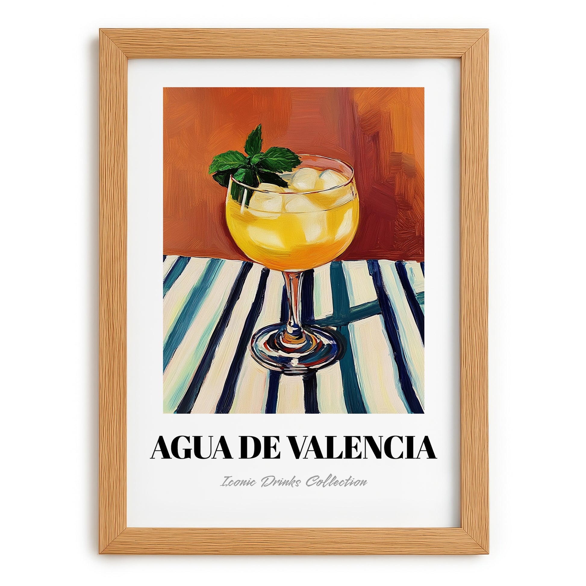 Agua De Valencia – on Striped Tablecloth, Spanish Cocktail Wall Art, set in oak frame