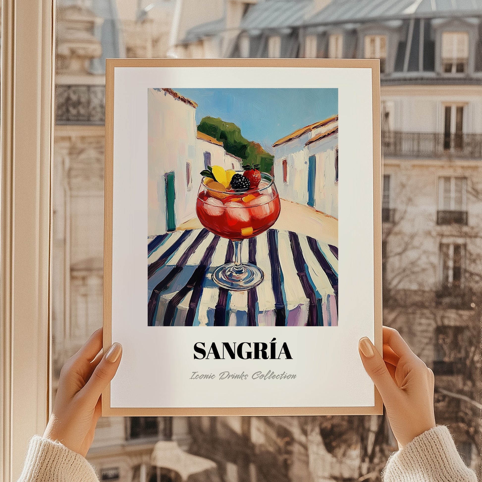 Sangría – Spanish Urban Café Scene, Spanish Cocktail Painting, styled in a charming Paris street view