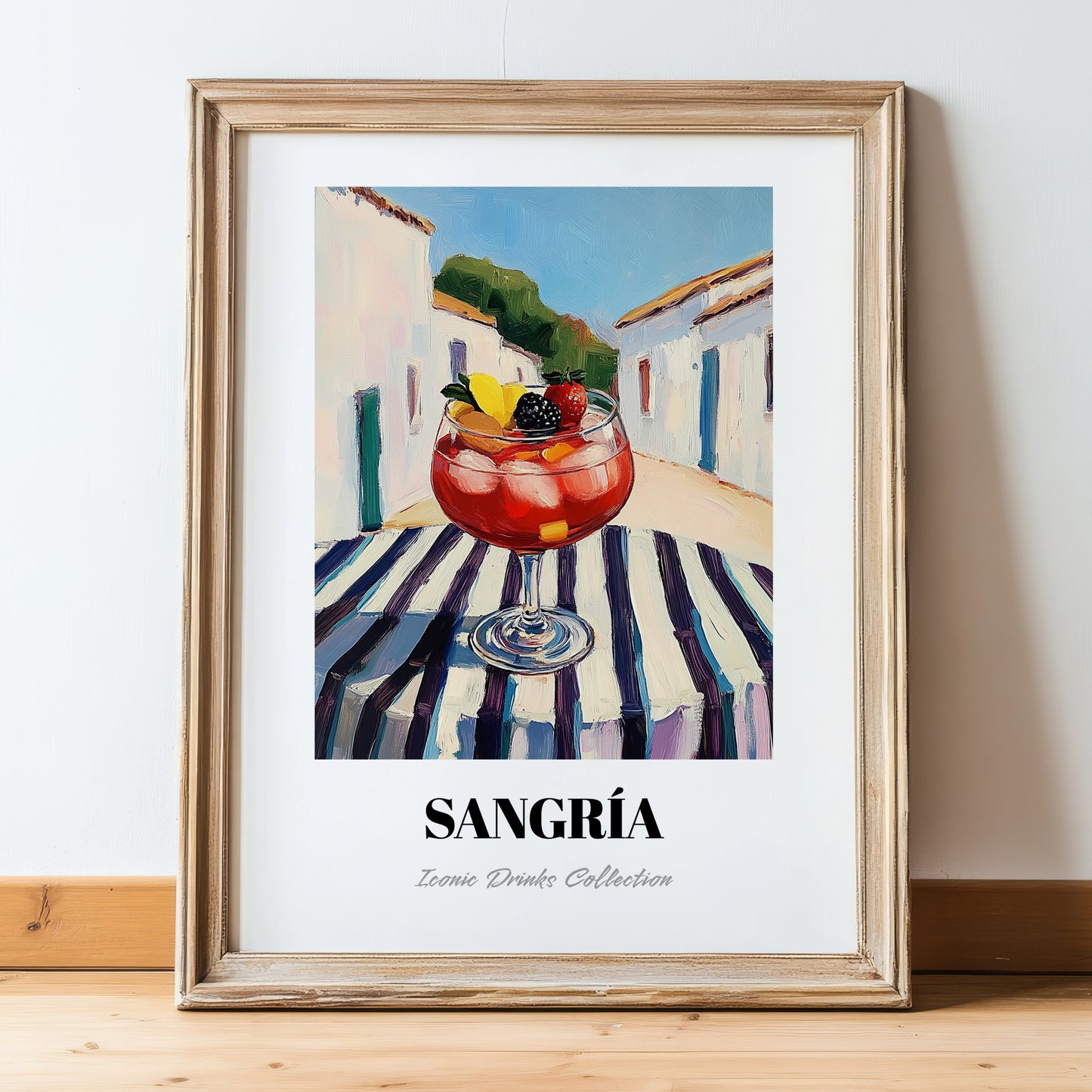 Sangría – Spanish Urban Café Scene, Spanish Cocktail Painting, in wooden frame leaning on the floor