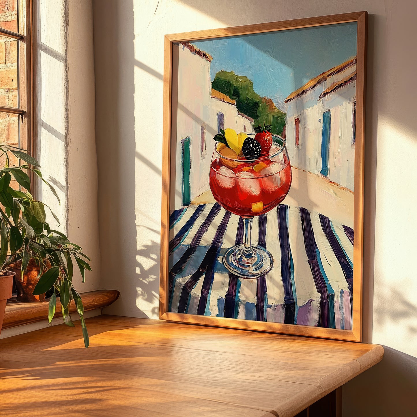 Sangría – Spanish Urban Café Scene, Spanish Cocktail Painting, clean layout with no caption