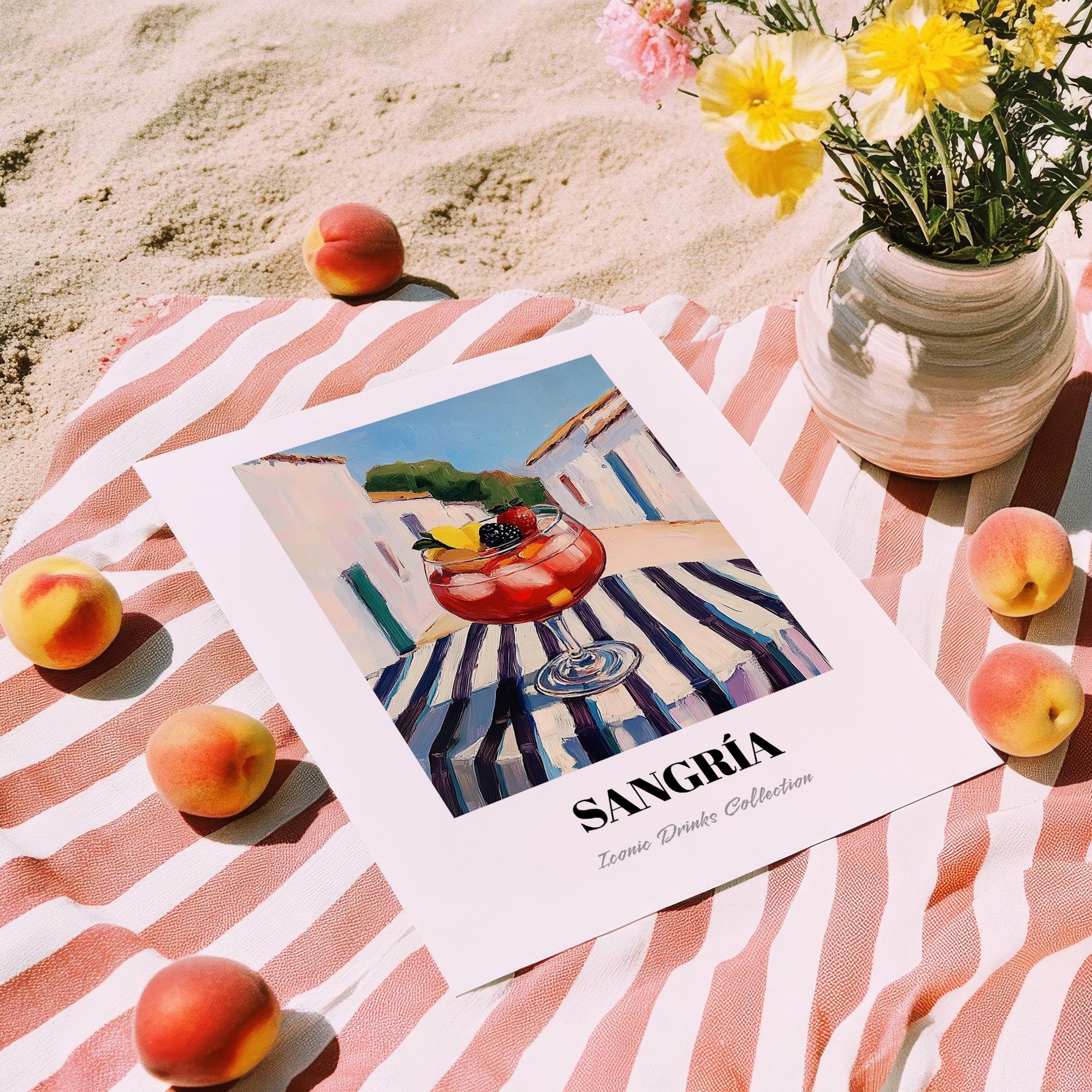 Sangría – Spanish Urban Café Scene, Spanish Cocktail Painting, unframed on coastal sand