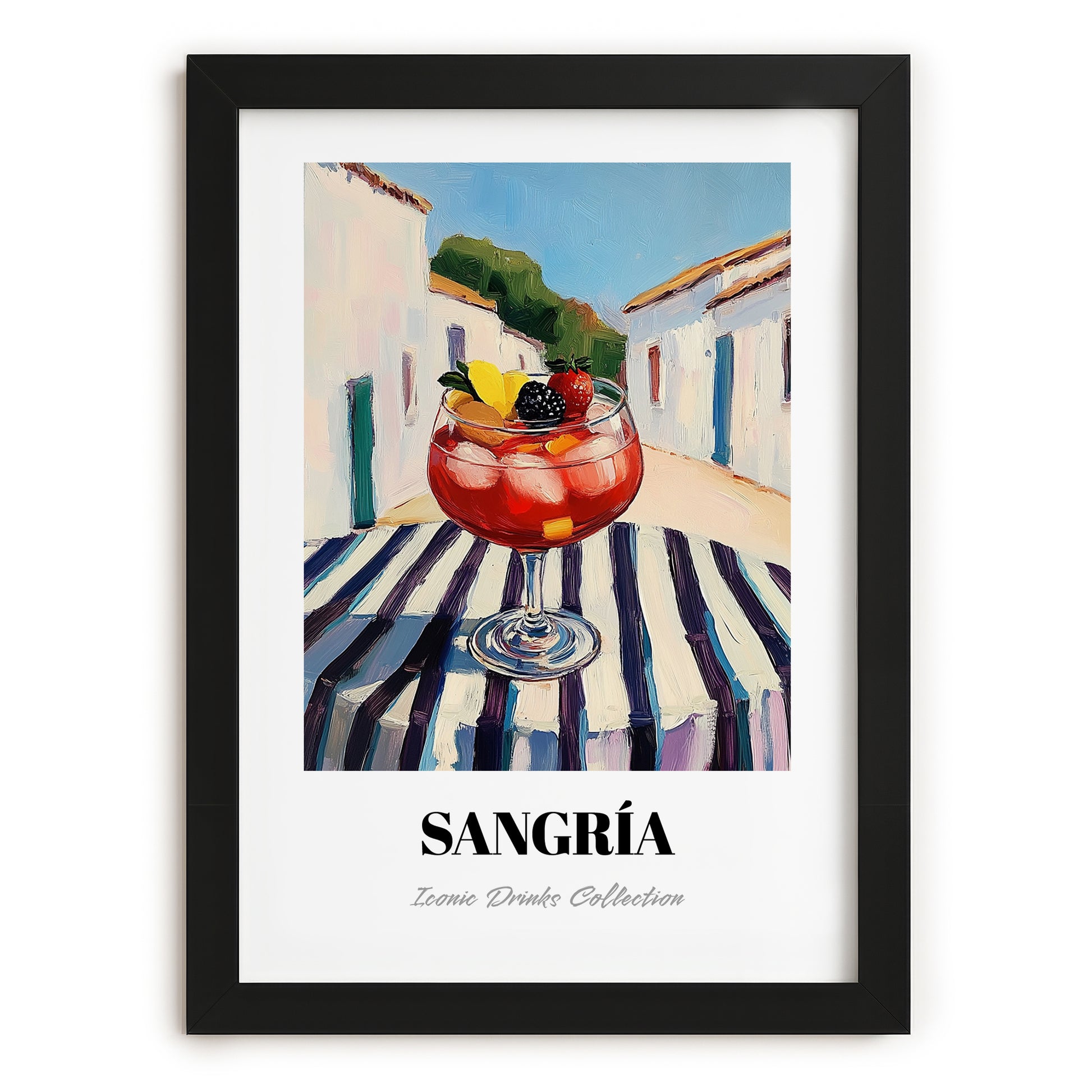 Sangría – Spanish Urban Café Scene, Spanish Cocktail Painting, in sleek black frame