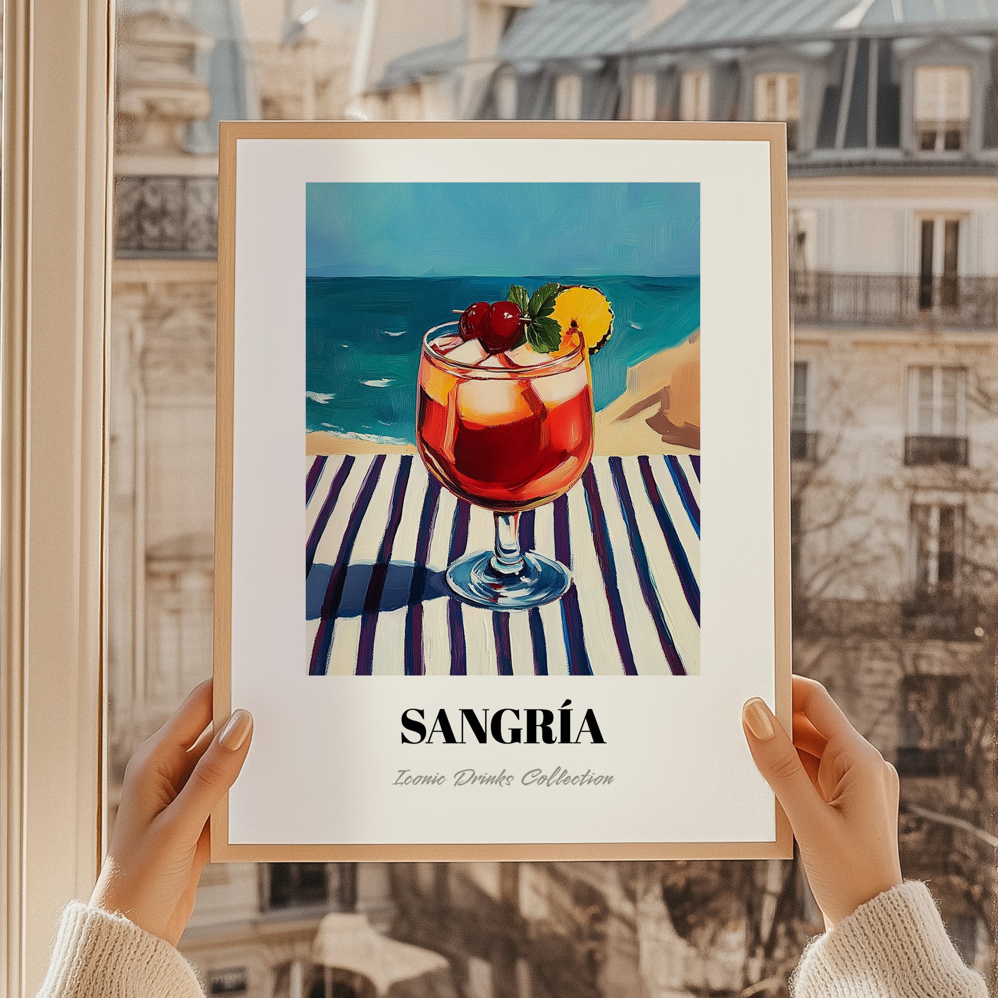 Sangría – Spanish Coastal Café Moment, Spanish Cocktail Art, styled in a charming Paris street view