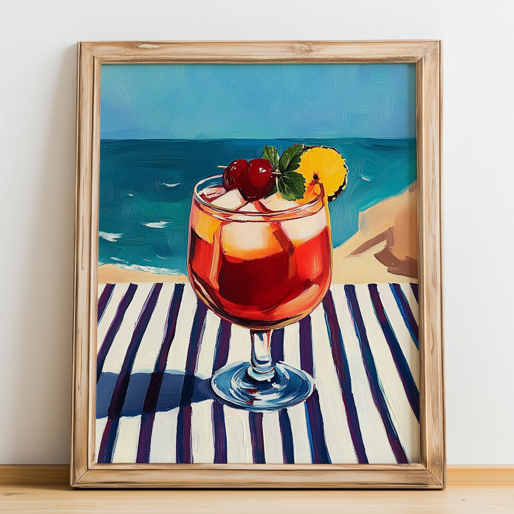 Sangría – Spanish Coastal Café Moment, Spanish Cocktail Art, no-text version framed in wood