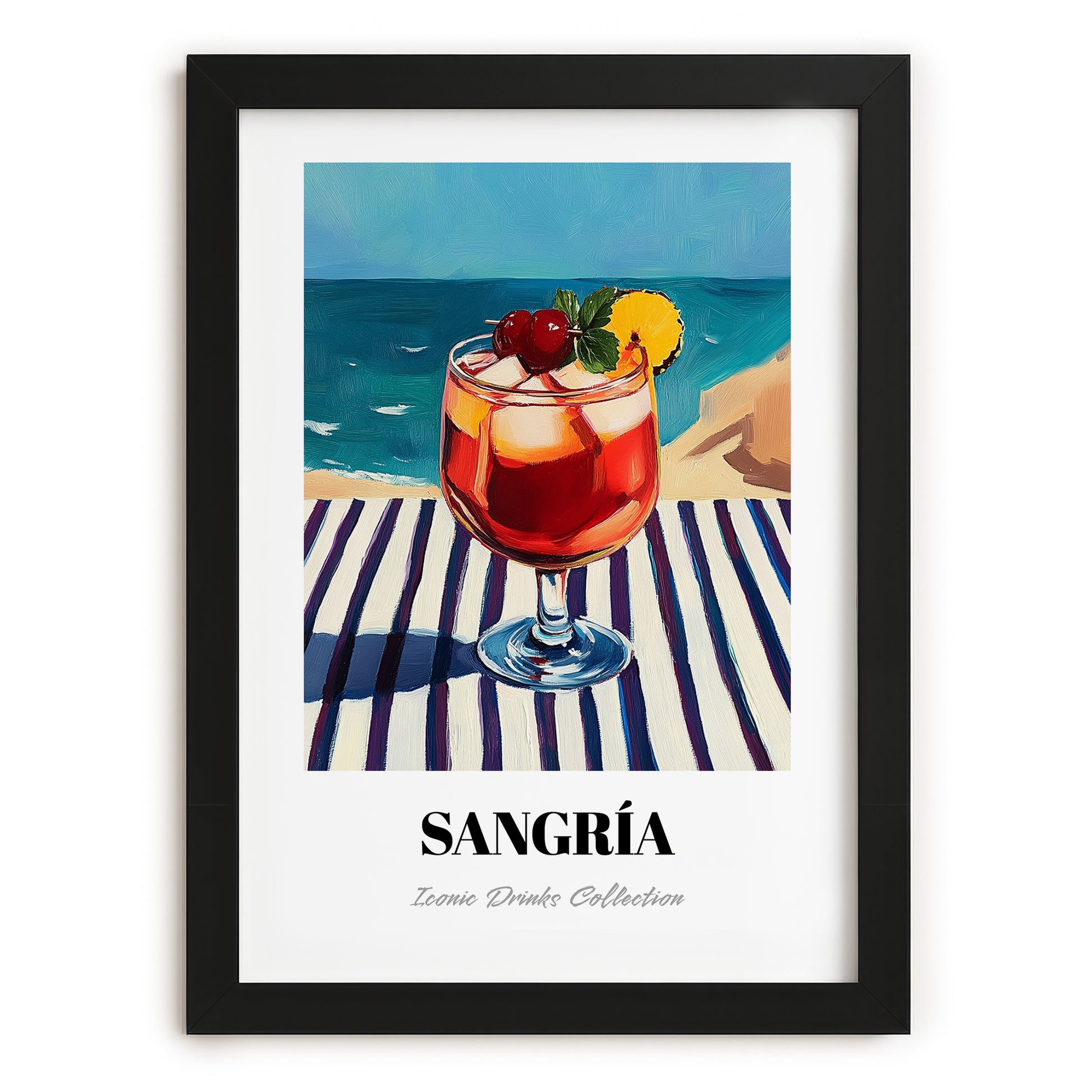 Sangría – Spanish Coastal Café Moment, Spanish Cocktail Art, in sleek black frame