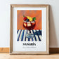 Sangría – on Striped Tablecloth, Spanish Cocktail Illustration, in wooden frame leaning on the floor
