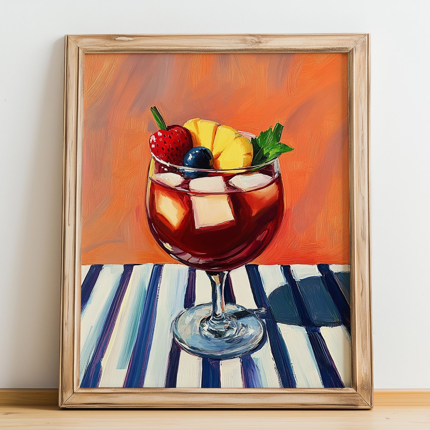 Sangría – on Striped Tablecloth, Spanish Cocktail Illustration, no-text version framed in wood
