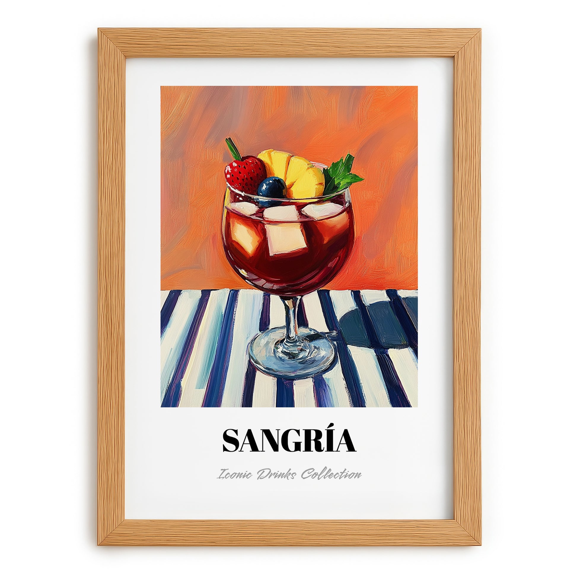 Sangría – on Striped Tablecloth, Spanish Cocktail Illustration, set in oak frame