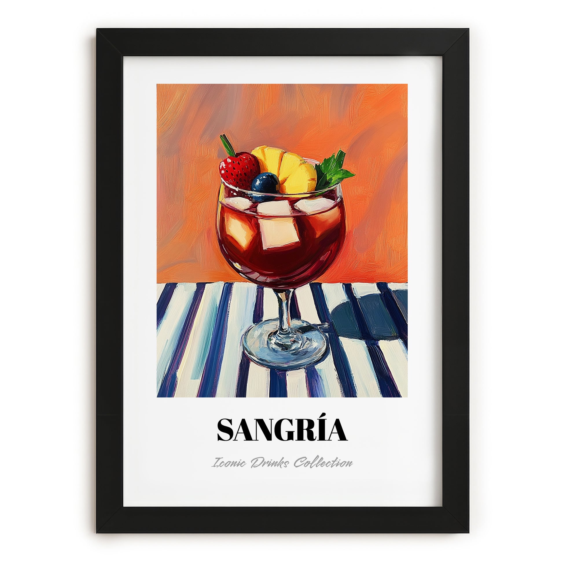 Sangría – on Striped Tablecloth, Spanish Cocktail Illustration, in sleek black frame