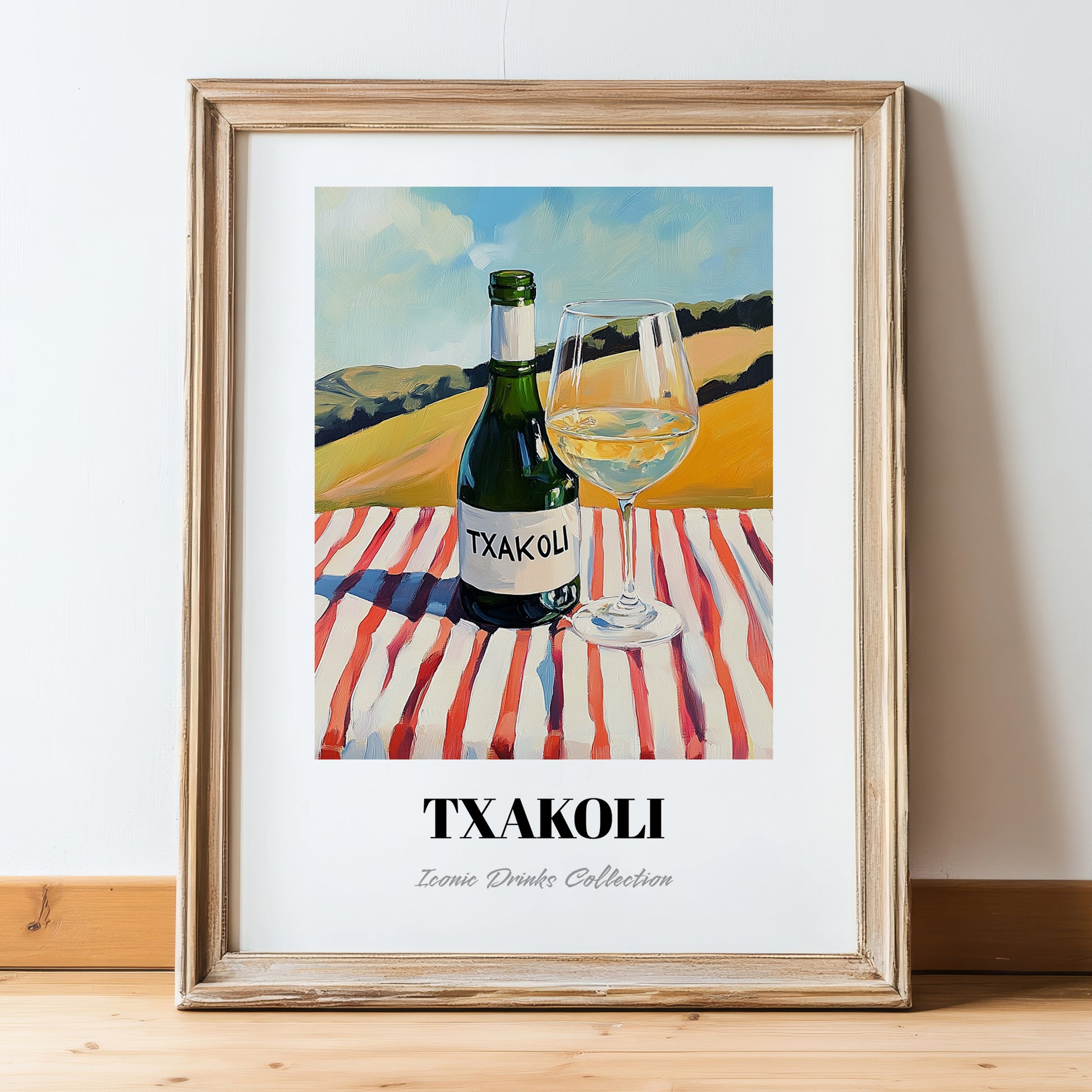 Txakoli – Spanish Hilltop Table Scene, Spanish Wine Wall Decor, in wooden frame leaning on the floor