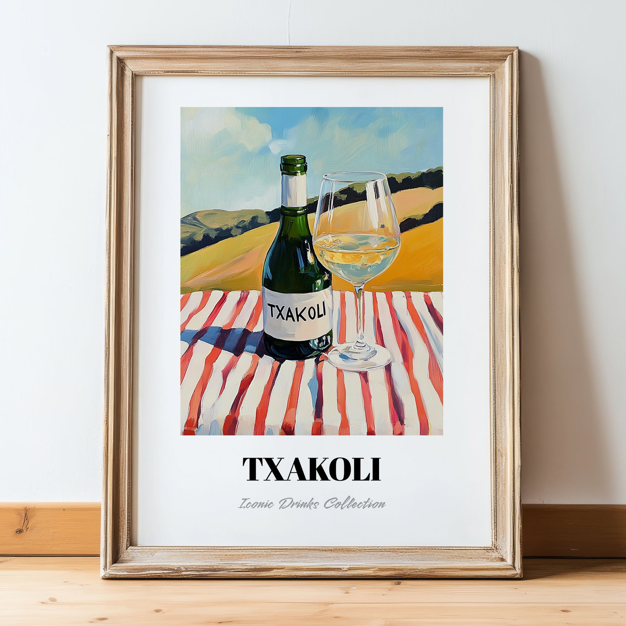 Txakoli – Spanish Hilltop Table Scene, Spanish Wine Wall Decor, in wooden frame leaning on the floor