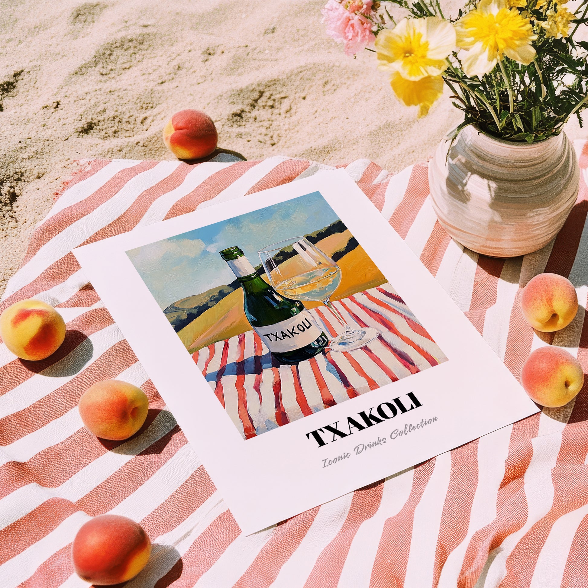 Txakoli – Spanish Hilltop Table Scene, Spanish Wine Wall Decor, unframed on coastal sand