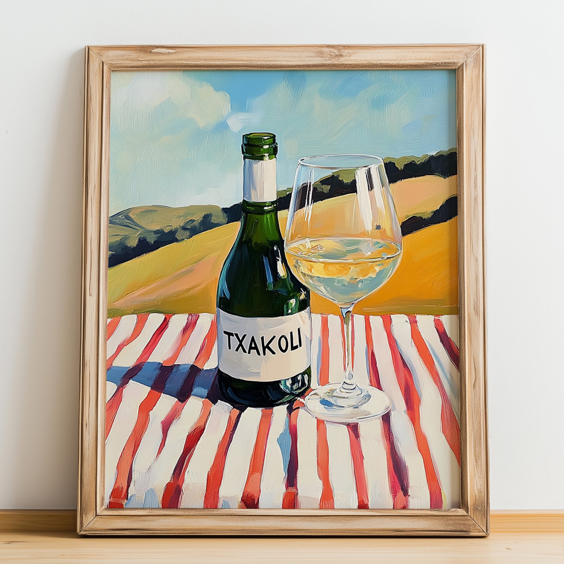 Txakoli – Spanish Hilltop Table Scene, Spanish Wine Wall Decor, no-text version framed in wood