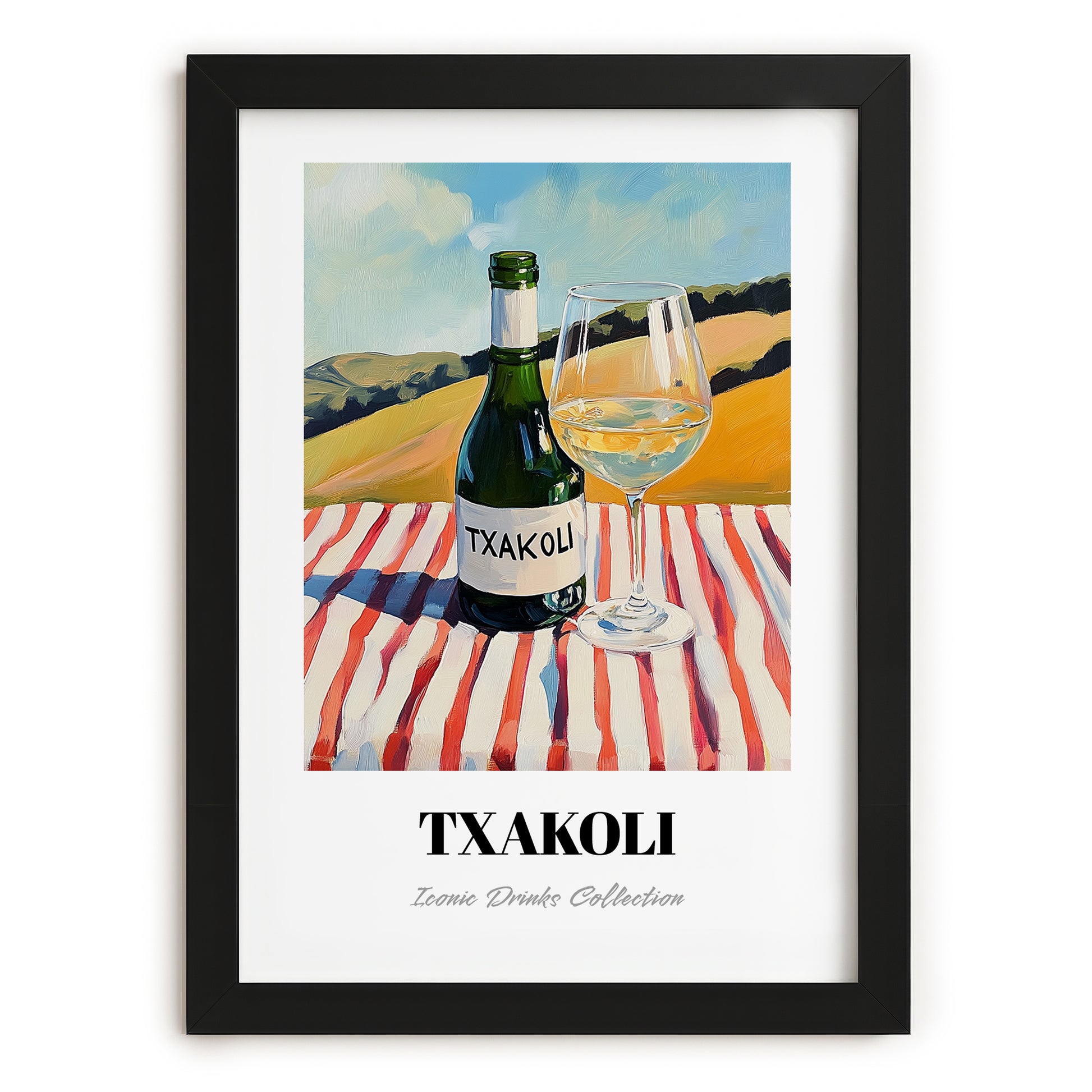 Txakoli – Spanish Hilltop Table Scene, Spanish Wine Wall Decor, in sleek black frame