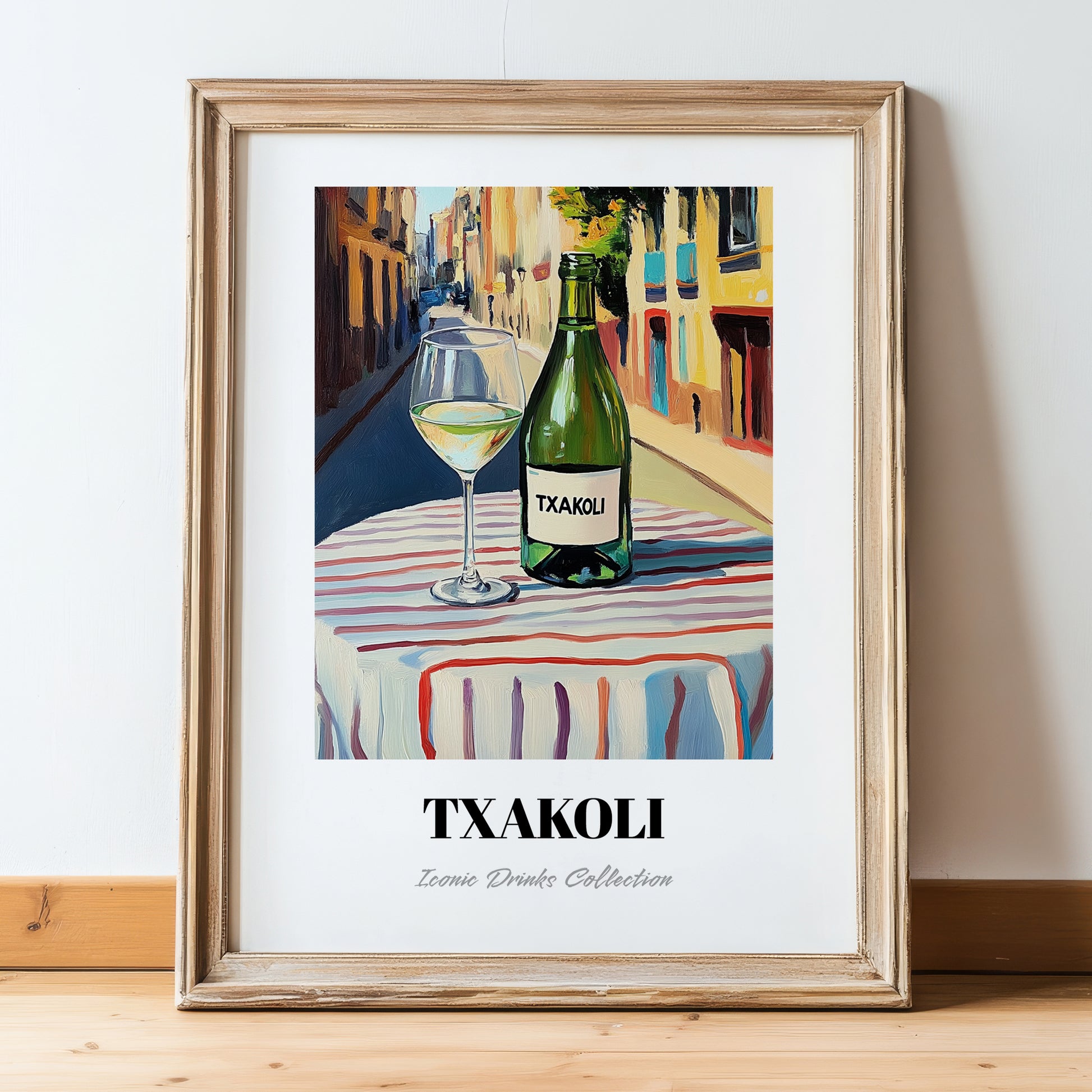 Txakoli – Spanish Outdoor Café Scene, Spanish Wine Painting, in wooden frame leaning on the floor