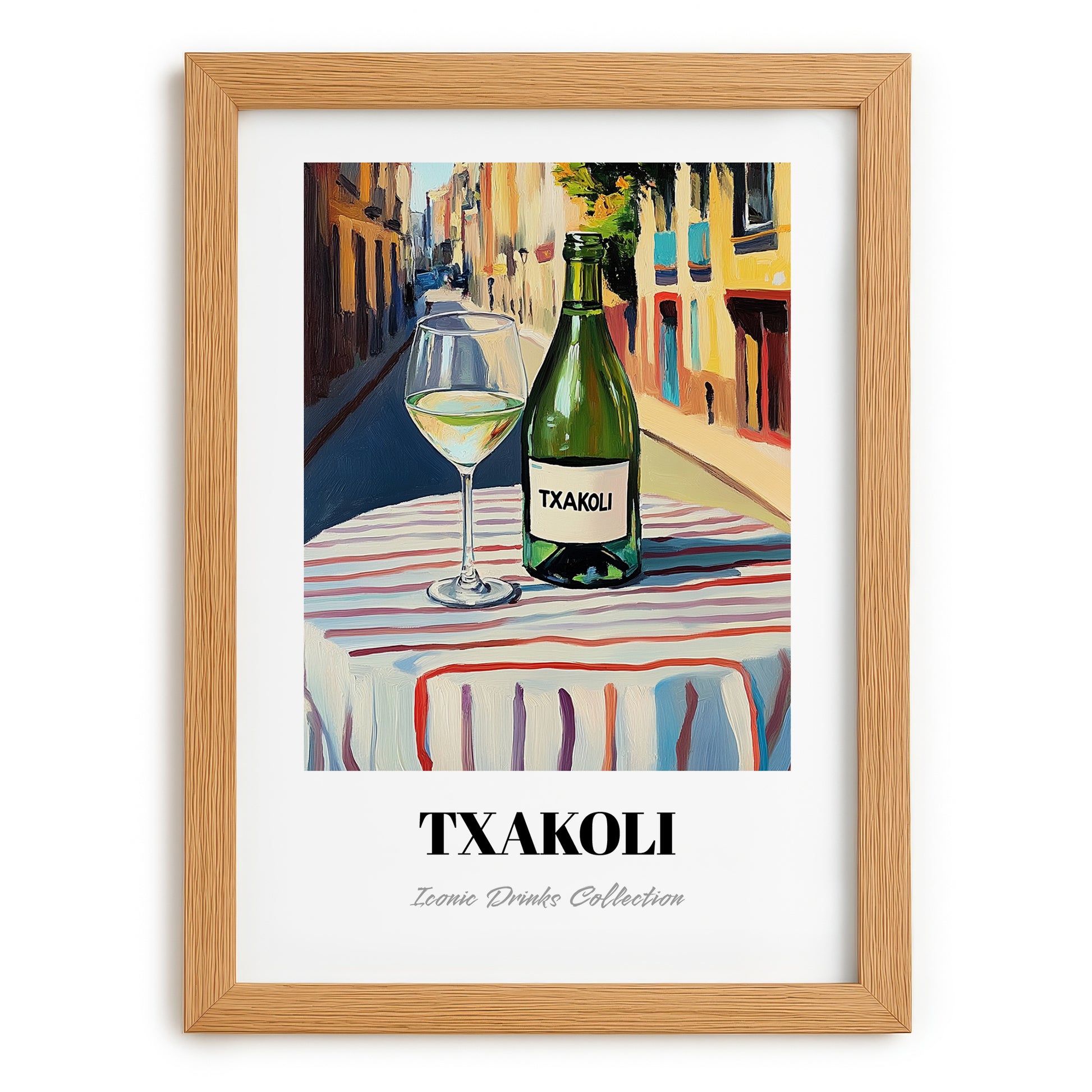 Txakoli – Spanish Outdoor Café Scene, Spanish Wine Painting, set in oak frame