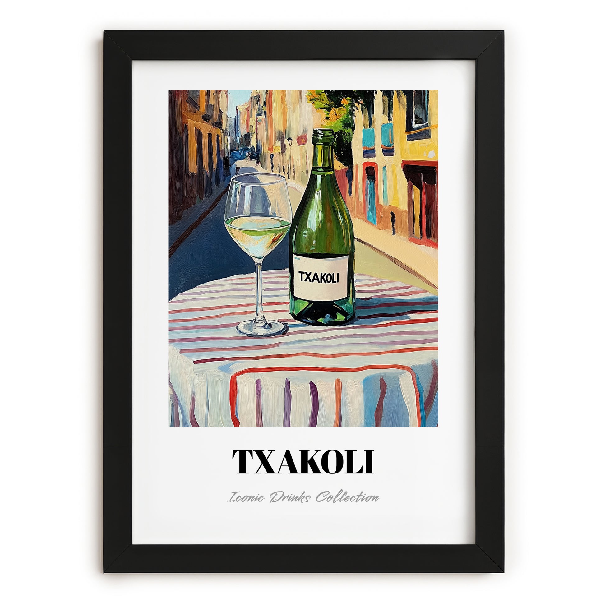 Txakoli – Spanish Outdoor Café Scene, Spanish Wine Painting, in sleek black frame