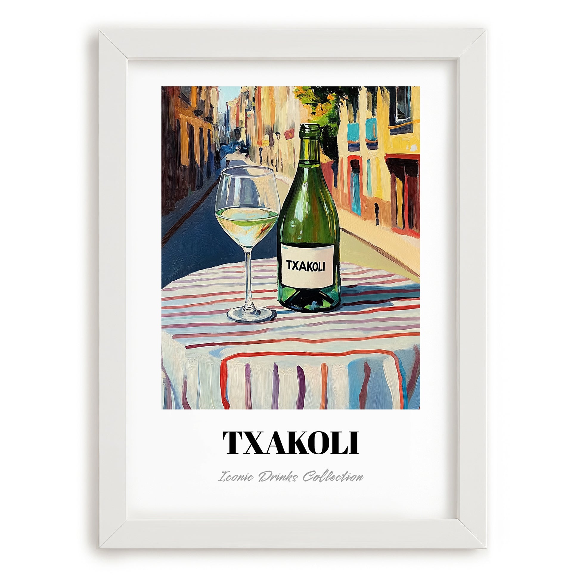 Txakoli – Spanish Outdoor Café Scene, Spanish Wine Painting, placed in minimal white frame