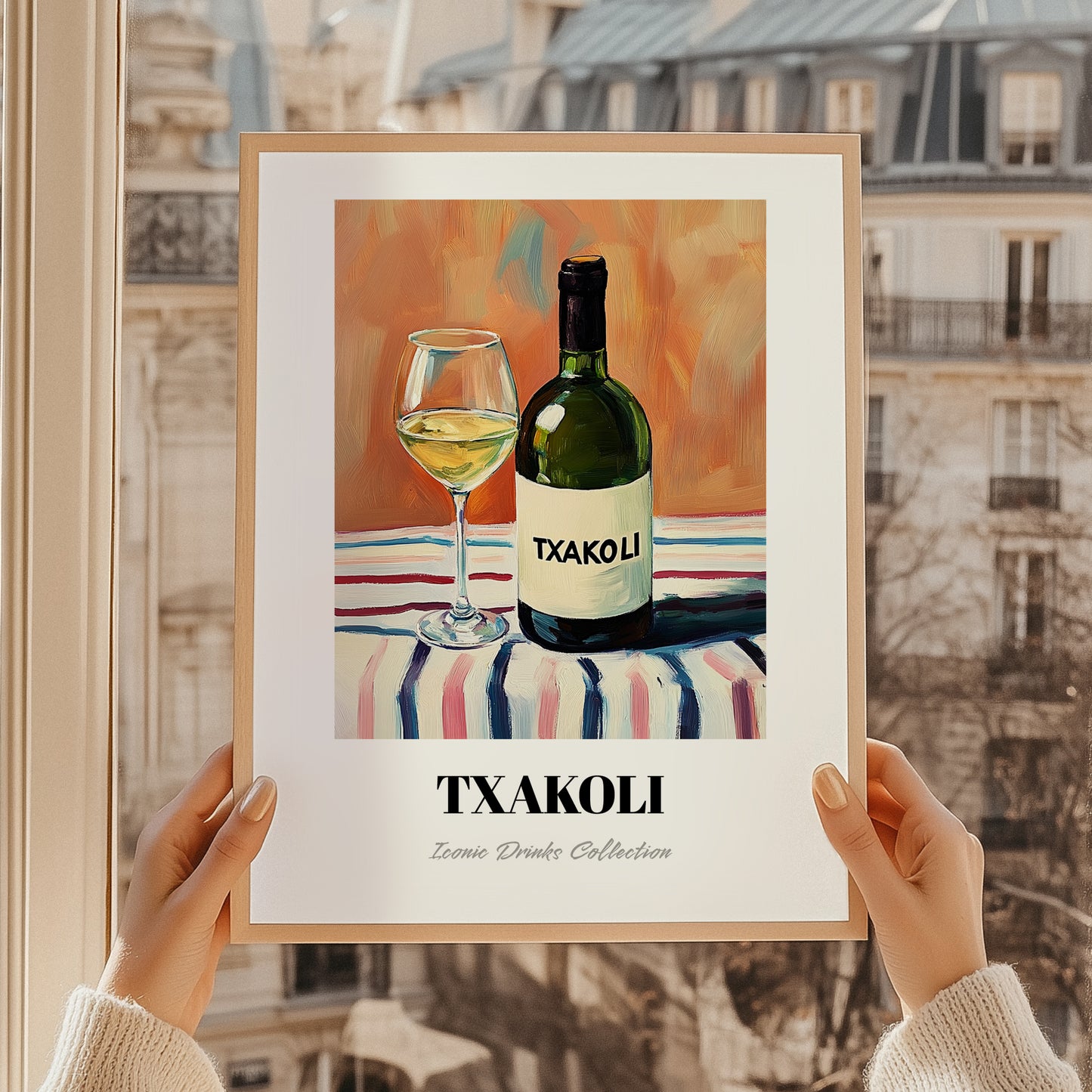 Txakoli – on Striped Tablecloth, Spanish Wine Still Life, styled in a charming Paris street view