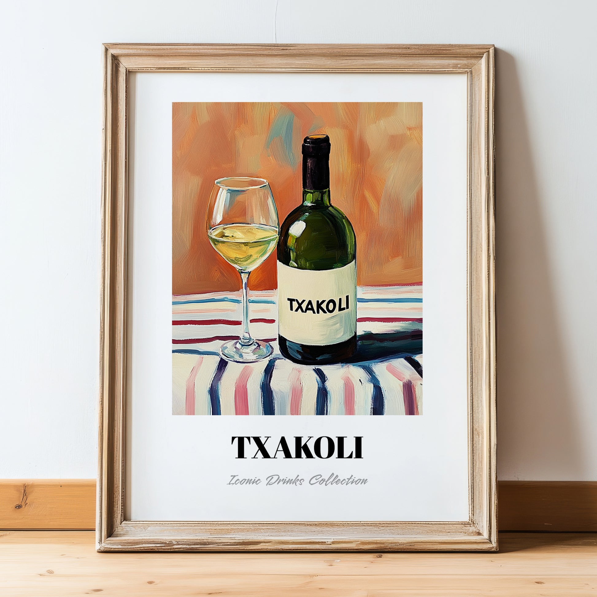 Txakoli – on Striped Tablecloth, Spanish Wine Still Life, in wooden frame leaning on the floor