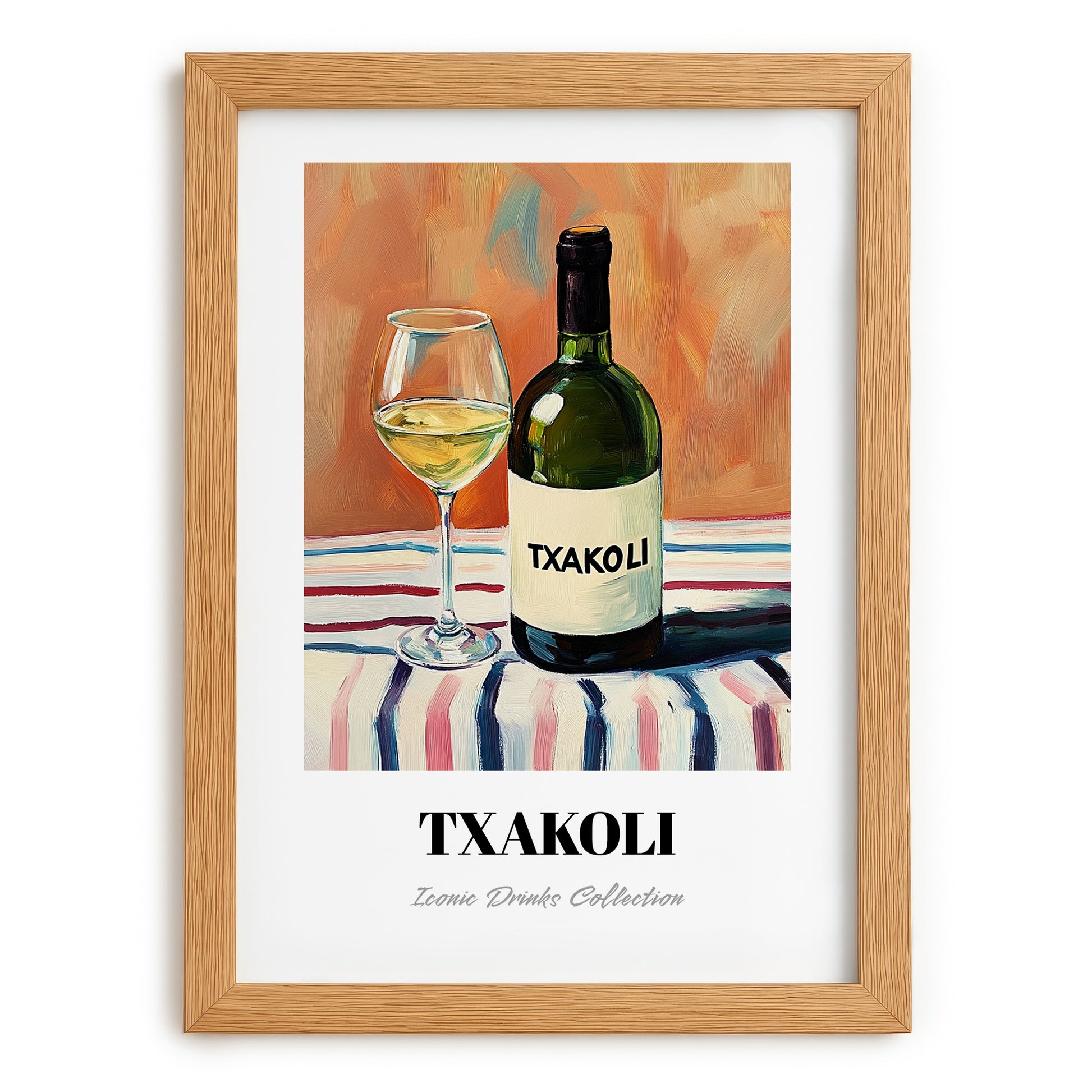 Txakoli – on Striped Tablecloth, Spanish Wine Still Life, set in oak frame