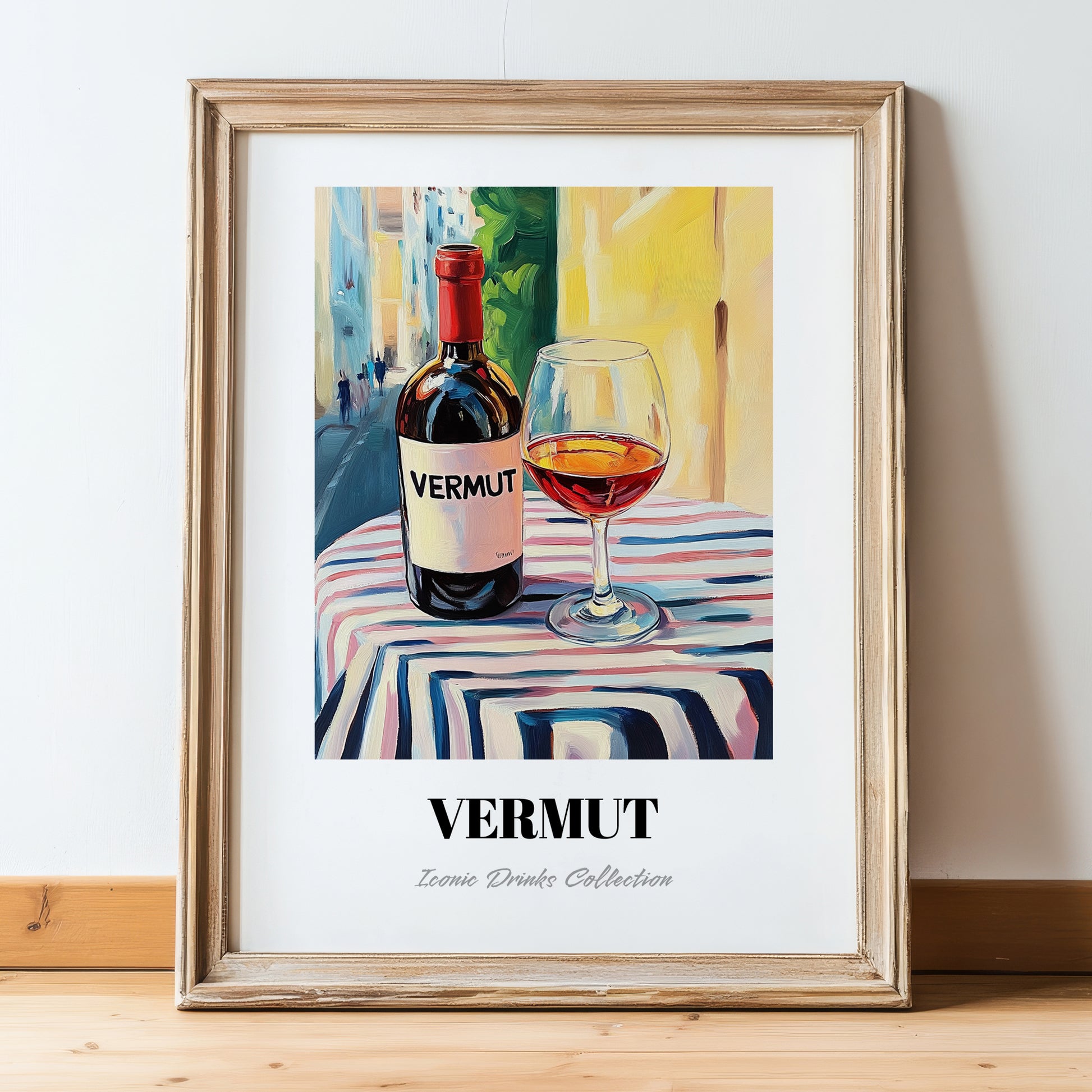 Vermut – Spanish Urban Café Scene, Spanish Wine Still Life, in wooden frame leaning on the floor