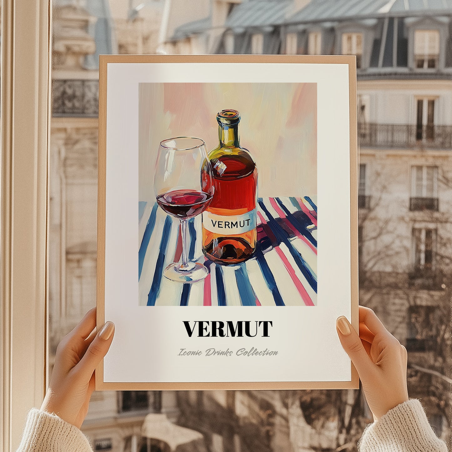 Vermut – on Striped Tablecloth, Spanish Wine Still Life, styled in a charming Paris street view